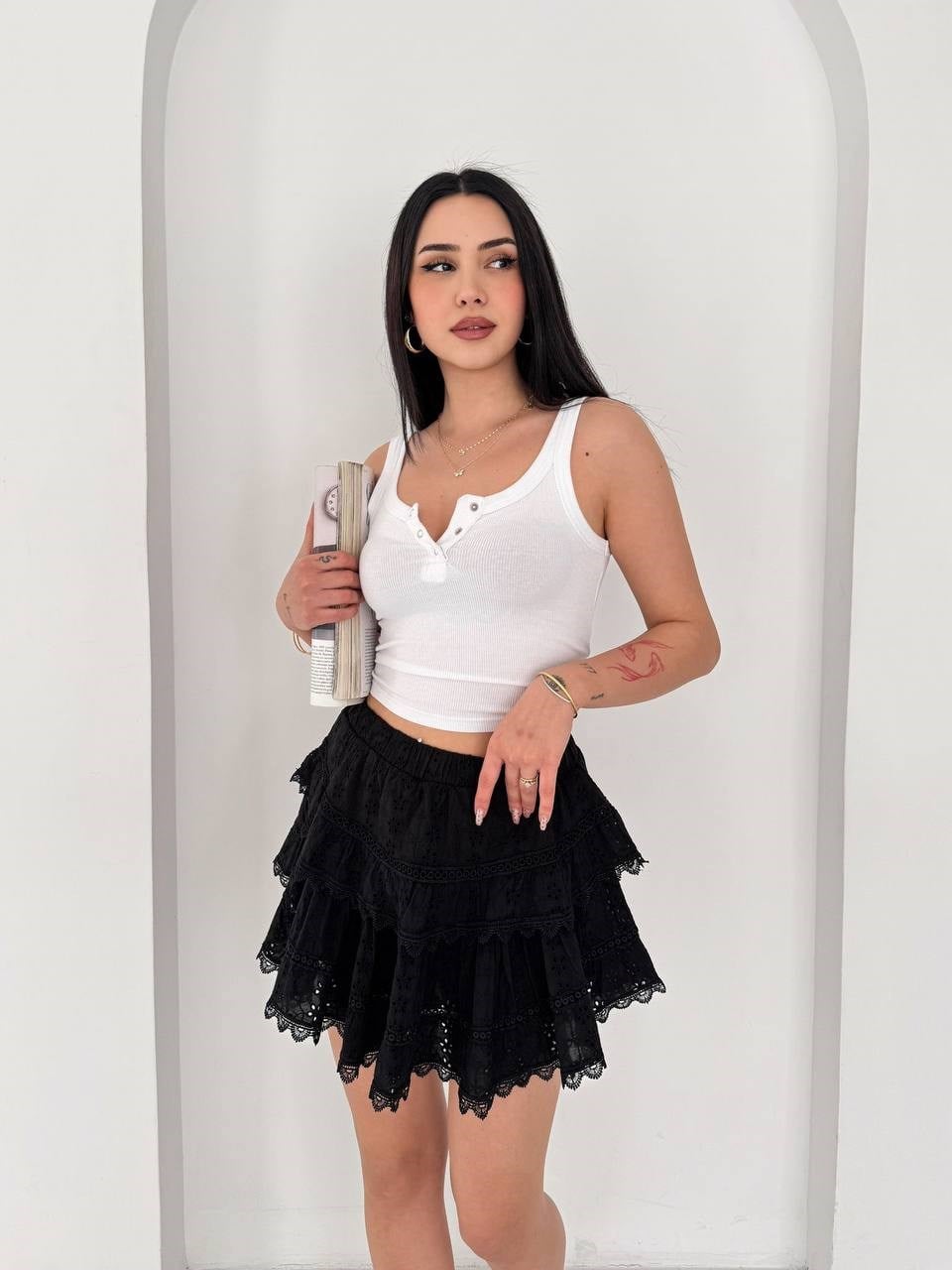 Güpür Detay Şortlu Etek-Siyah SİYAH