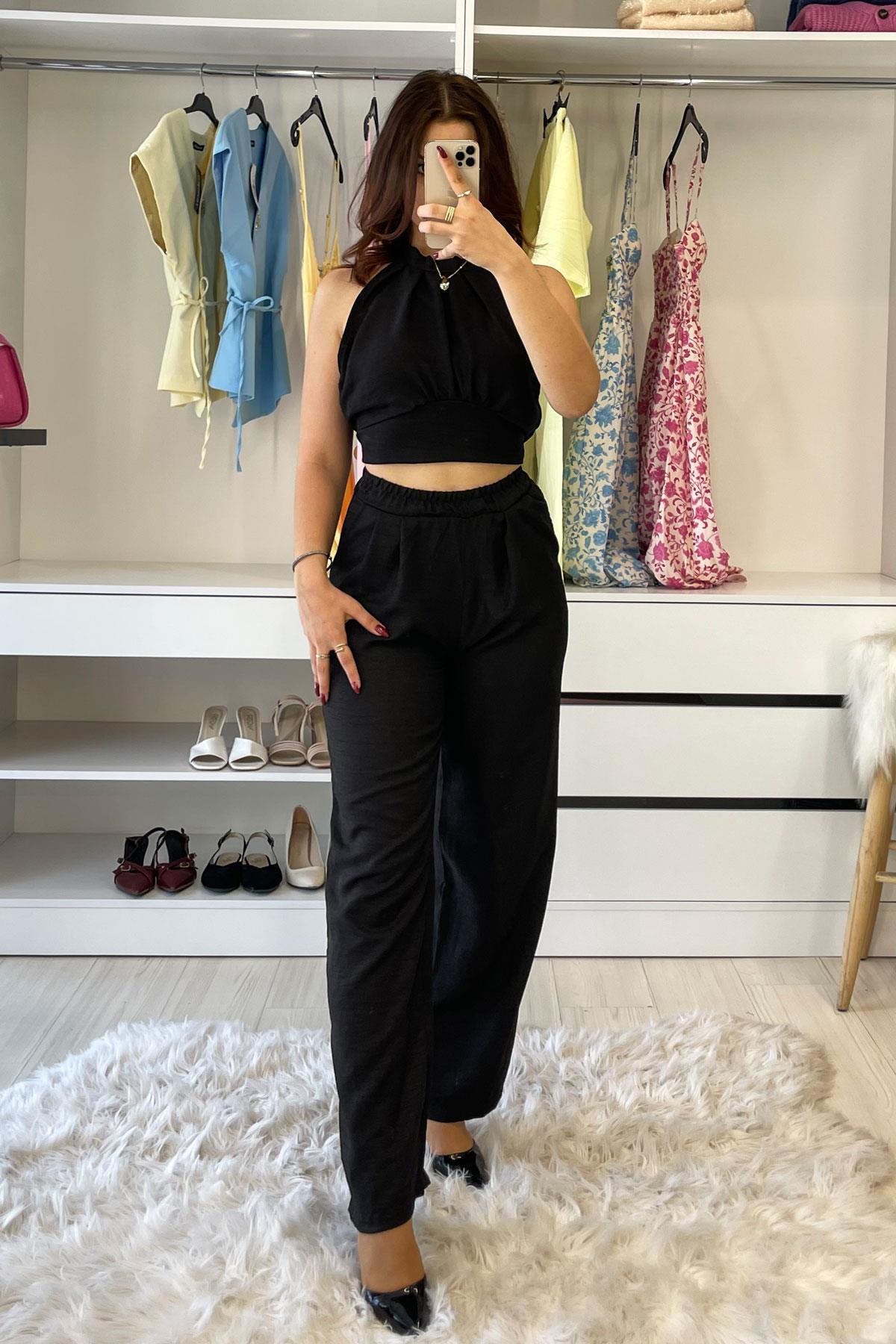 Halter Yaka Crop Detay Dokuma İkili Takım-Siyah SİYAH