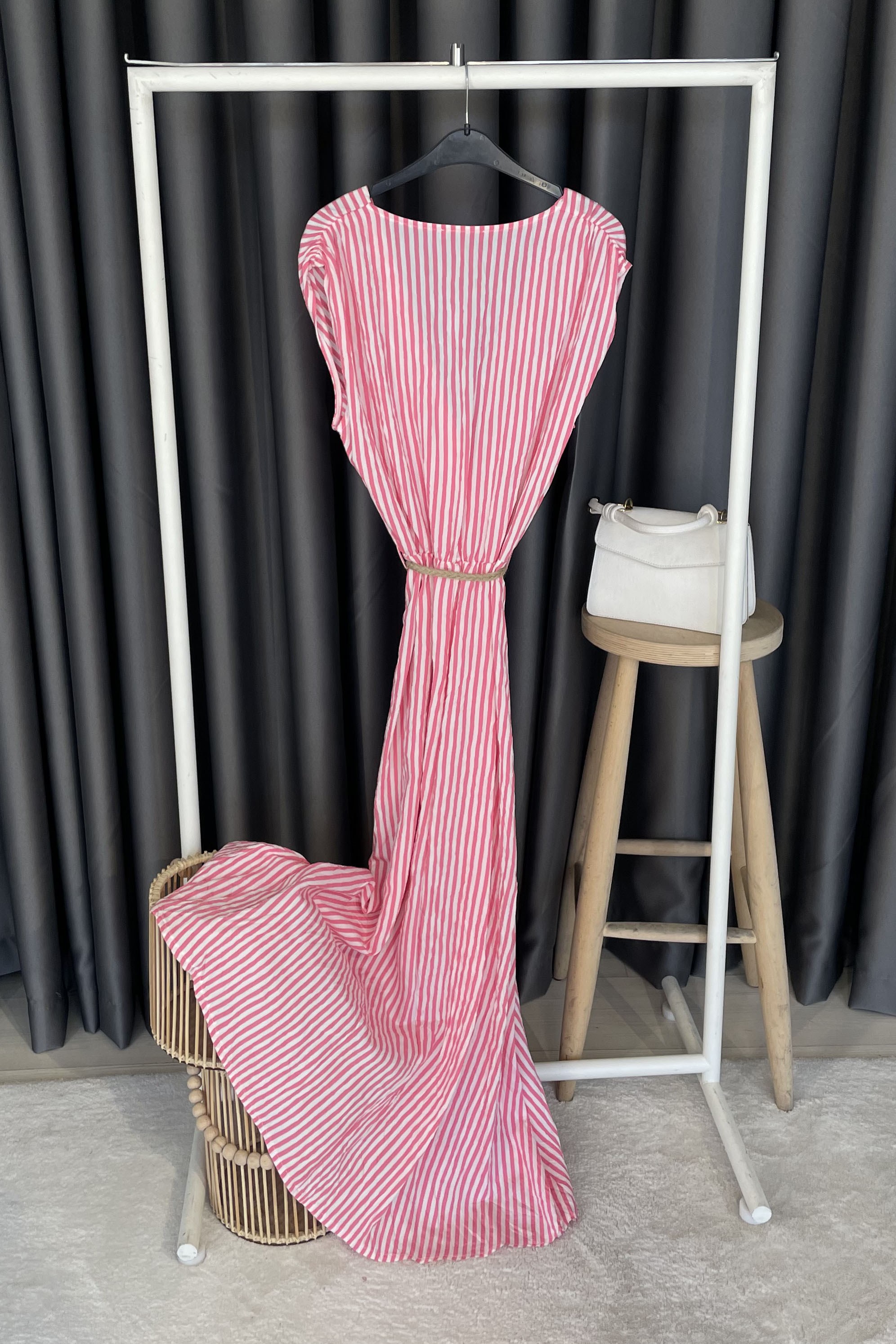 Hasır Kemerli Elbise-Pembe PEMBE