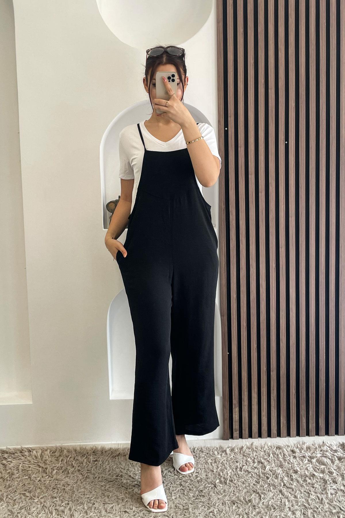 İp Askılı Bol Paça Tulum - Siyah SİYAH