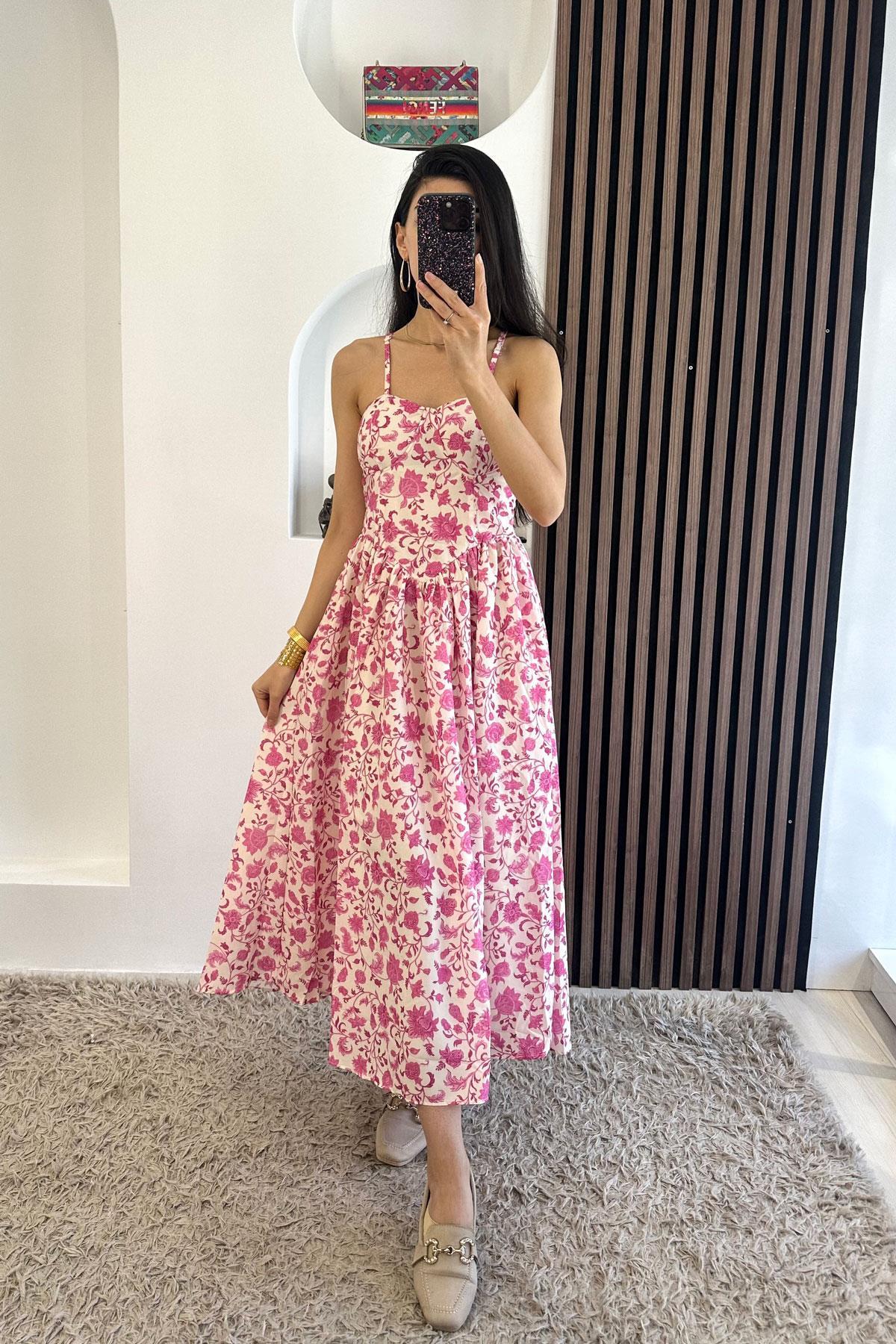 İp Askılı Korse Detay Desenli Elbise - Pembe PEMBE