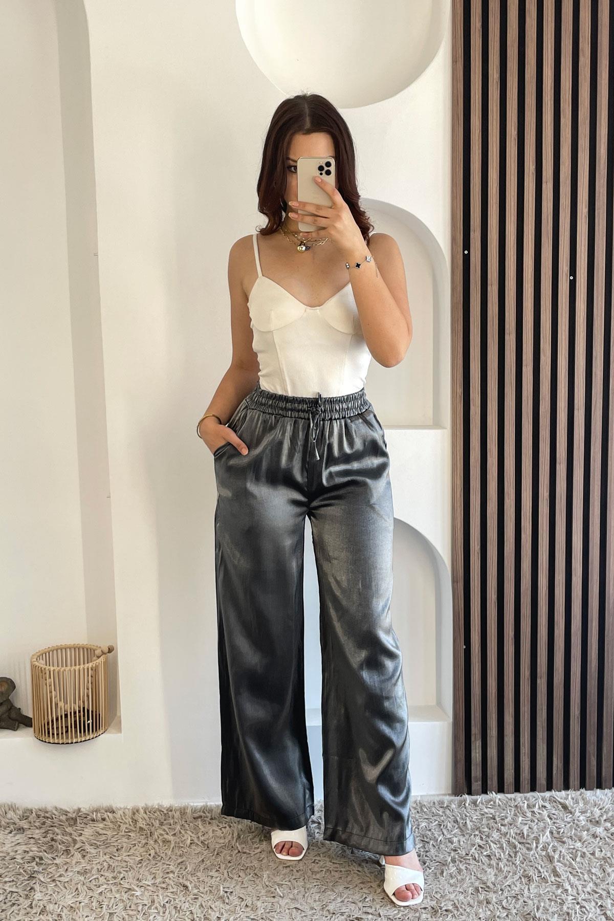 Işıltılı Bol Paça Pantolon-Füme FÜME