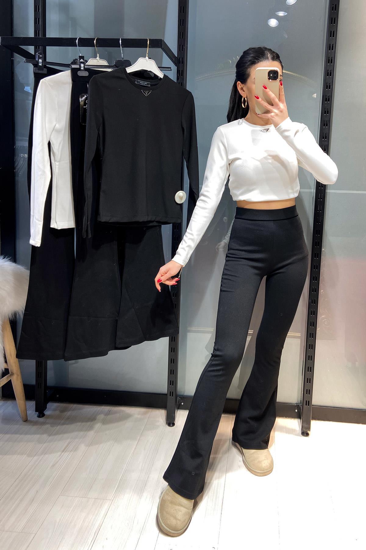 İspanyol Paça Şardonlu Tayt - Siyah SİYAH