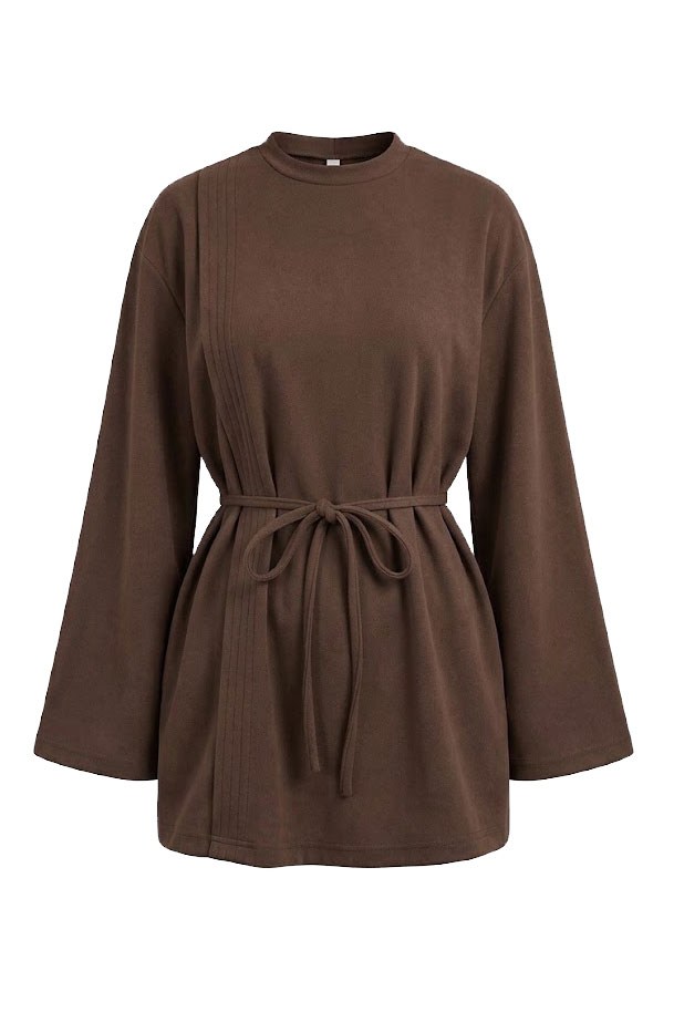 Kahve - Bel Bağcıklı Kadife Tunik KAHVE