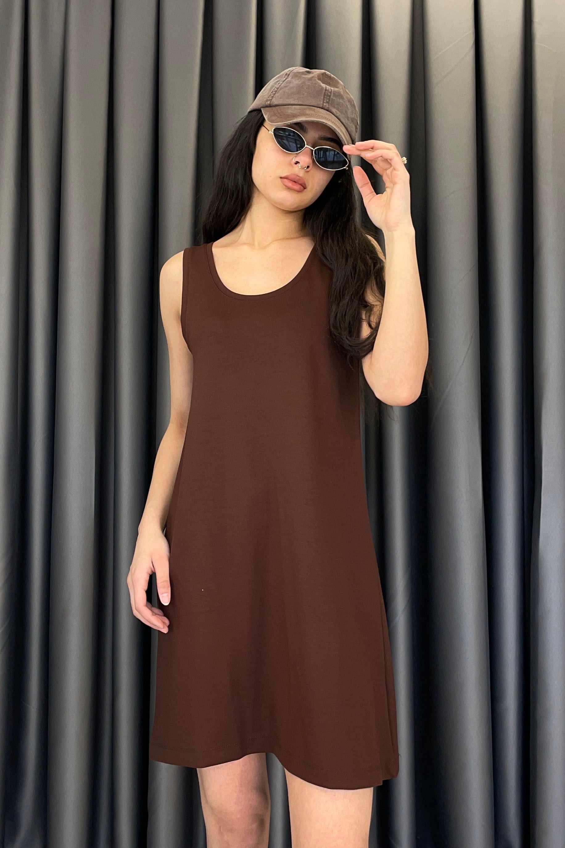 Kalın Askılı Modal Elbise-Kahve KAHVE