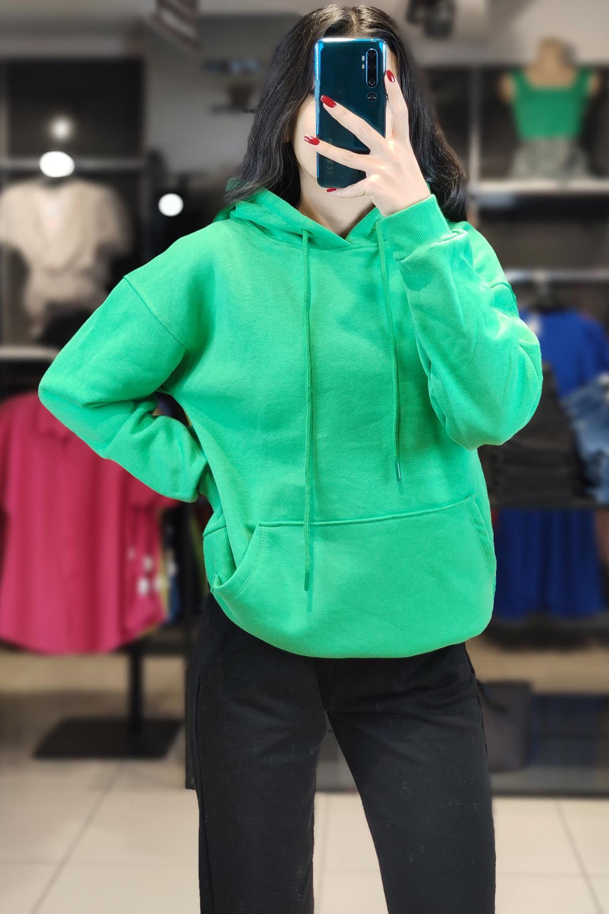 Kapşonlu Cepli Sweatshirt - Yeşil YEŞİL