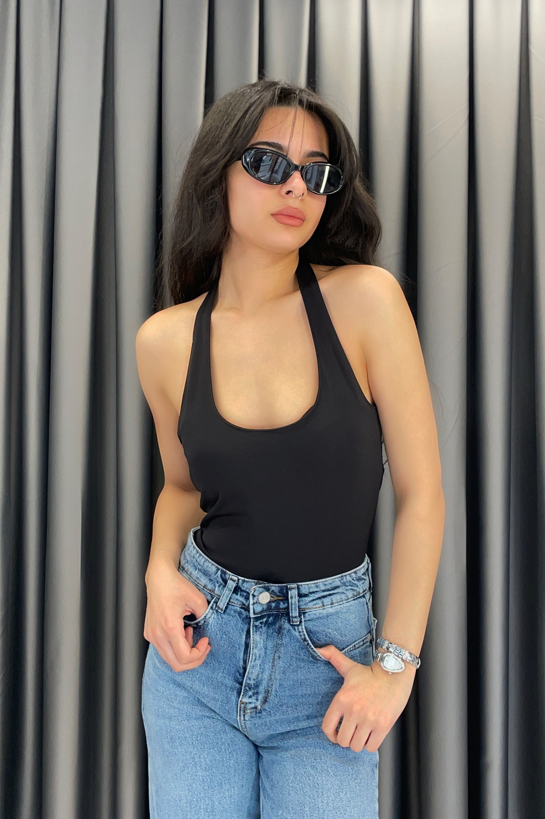 Kechi Boyun Askılı Straplez Bluz - Siyah SİYAH