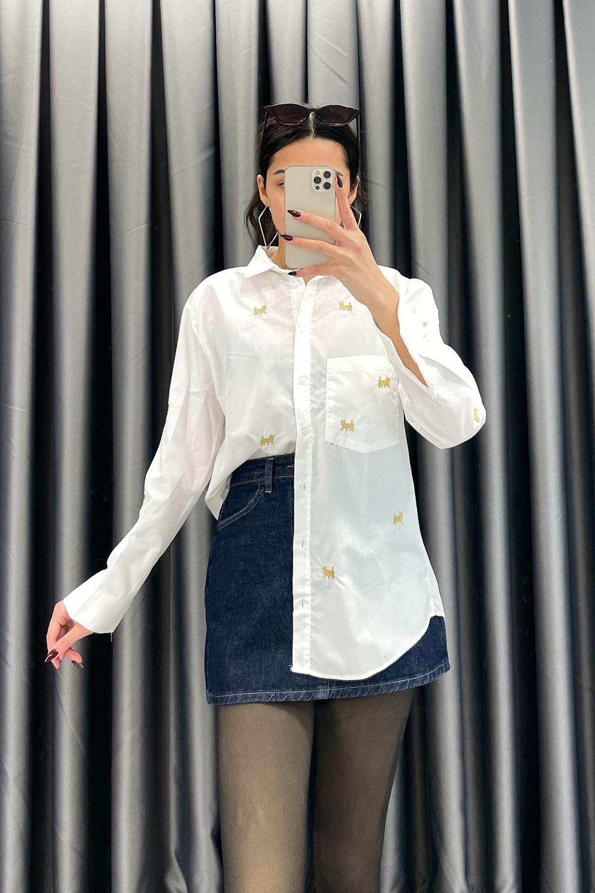 Kedi Nakış İşlemeli Basic Gömlek - Ekru EKRU