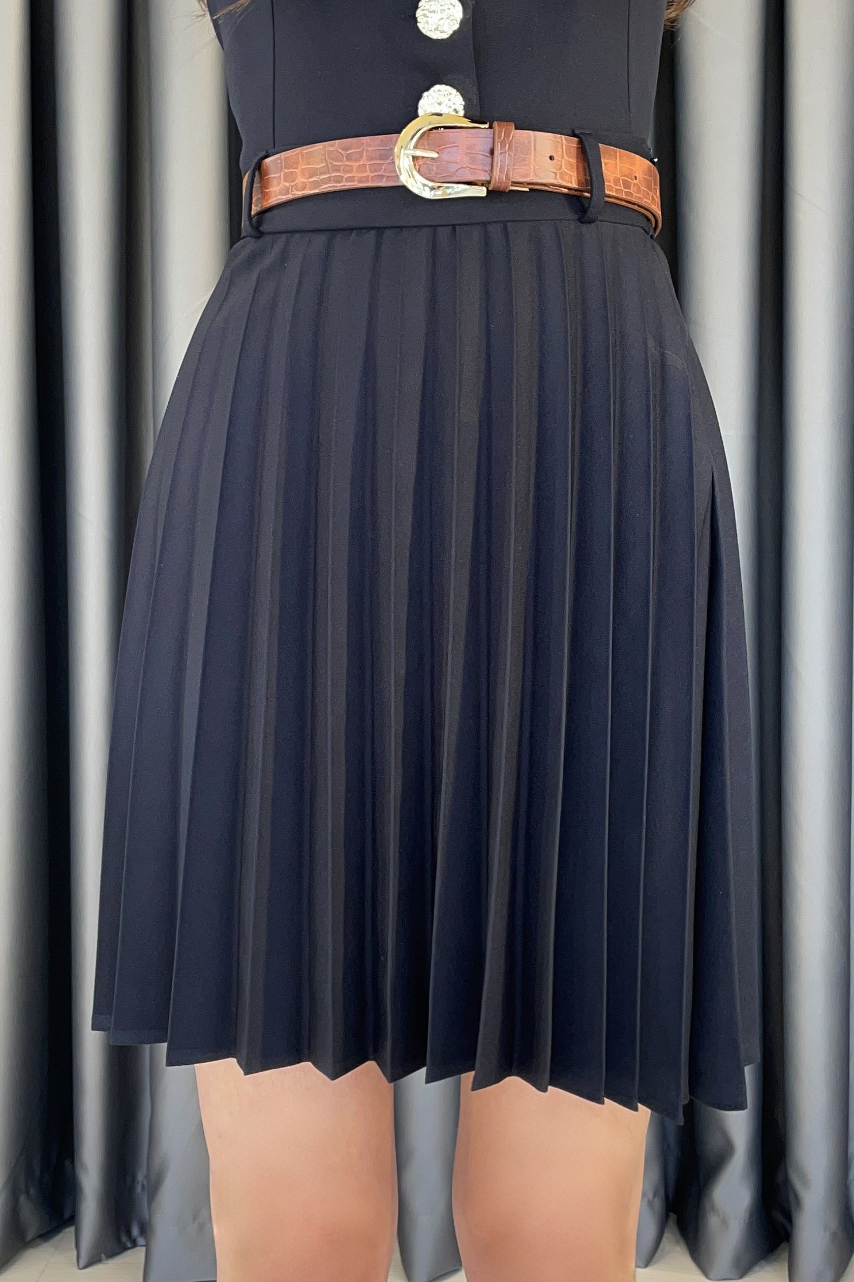 Kemerli Pliseli Etek-Siyah SİYAH