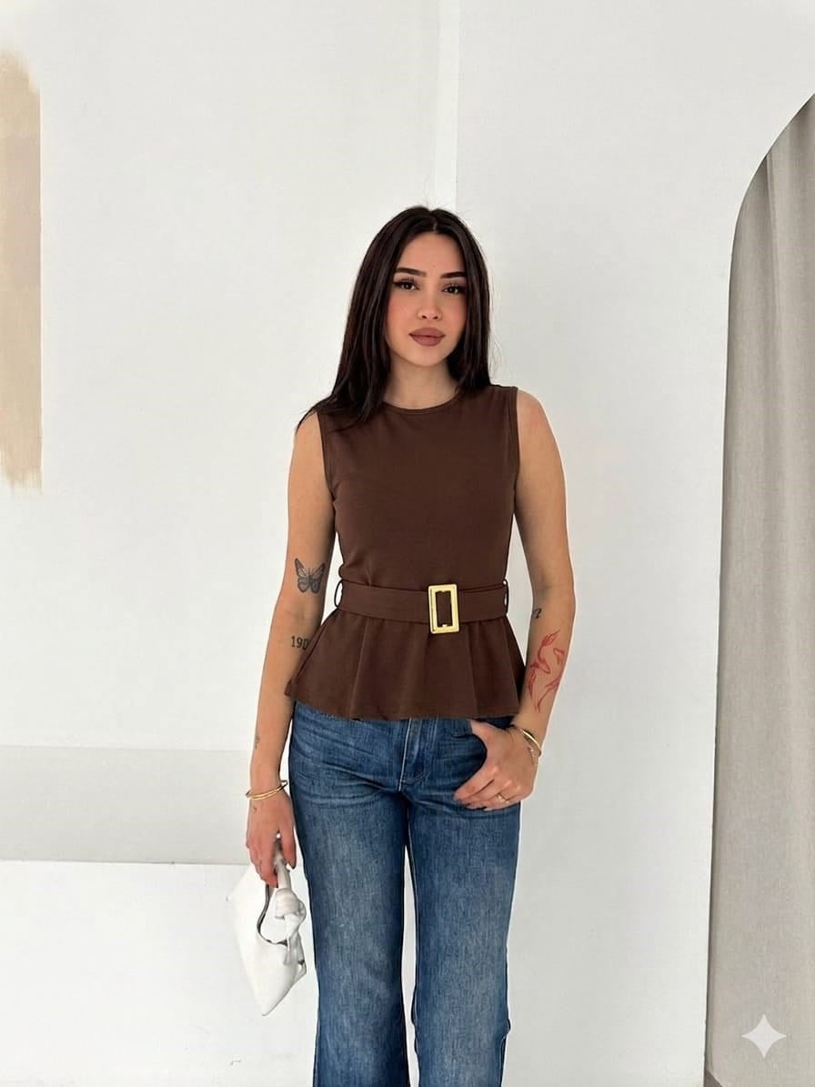 Kemerli Sıfır Kol Volanlı Bluz- Acı Kahve Acı Kahve