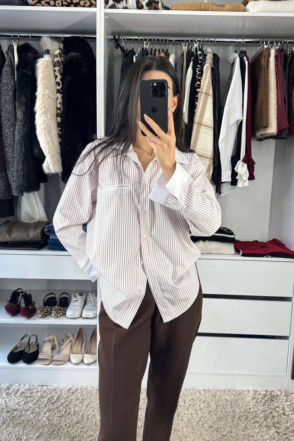 Kol Katlı Garniyeli Çizgili Gömlek - Bordo BORDO