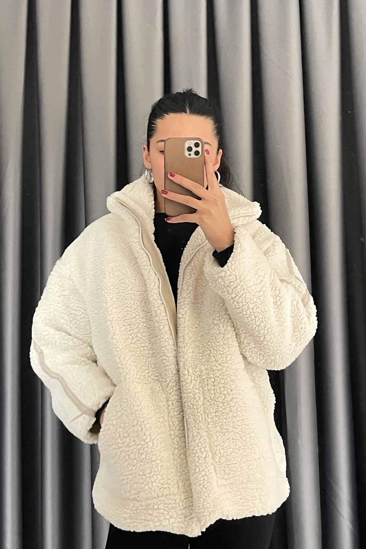 Kolu Biyeli Fermuarlı Peluş Ceket - Ekru EKRU
