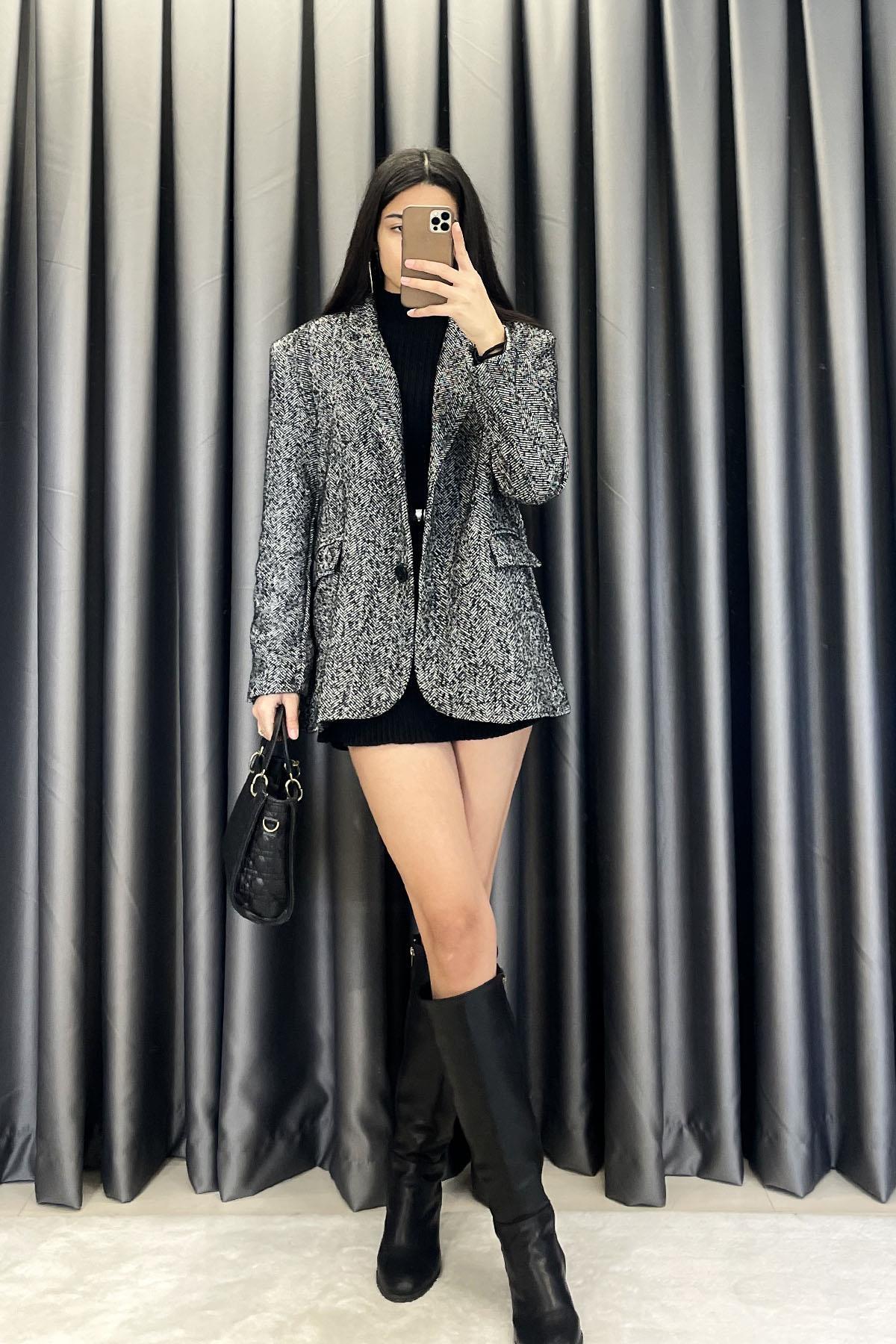 Kruvaze Yaka Balıksırtı Blazer Ceket - Gri GRİ