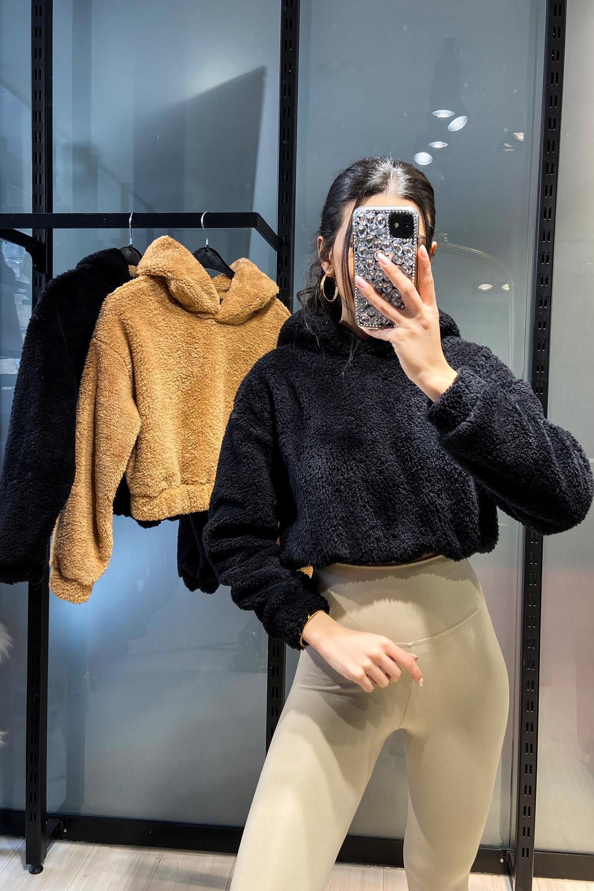 Kulaklı Peluş Crop Sweat - Siyah SİYAH