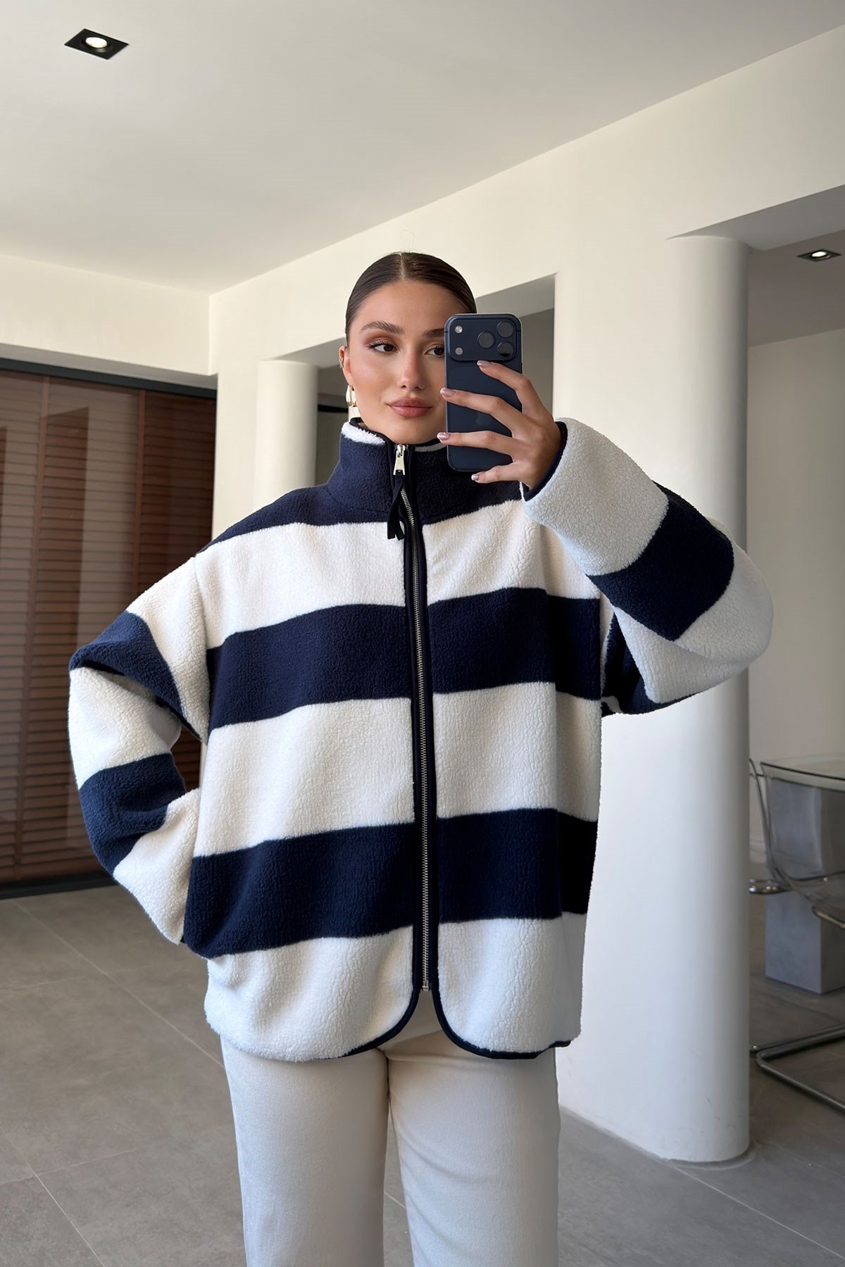 LACİVERT KALIN ÇİZGİLİ FERMUARLI CEKET LACİVERT