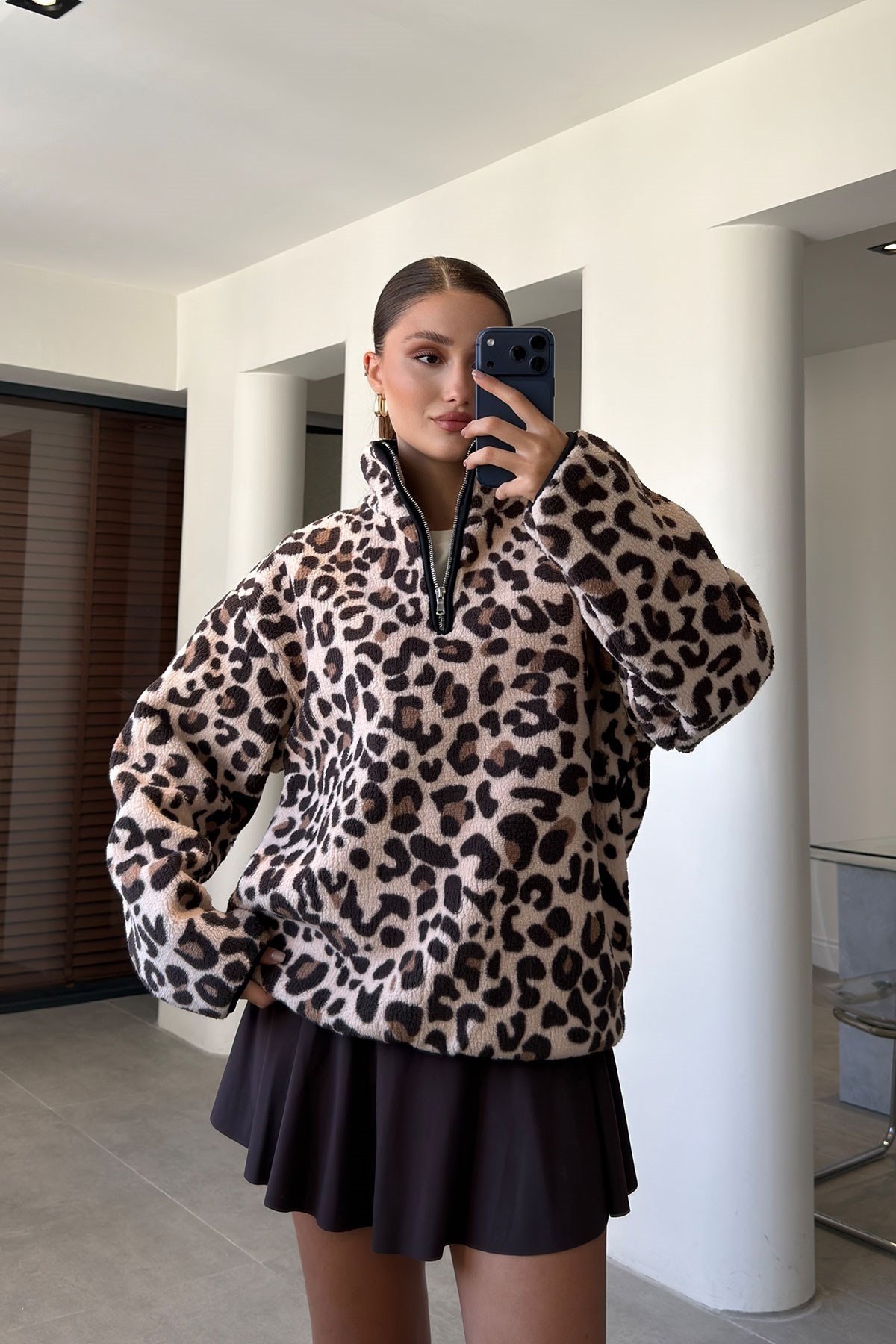 LEOPAR DESEN YARIM FERMUAR SWEAT LEOPAR