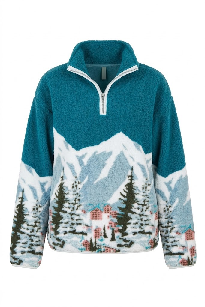 Mint - Yarım Fermuar Dağ Desenli Sweat MİNT