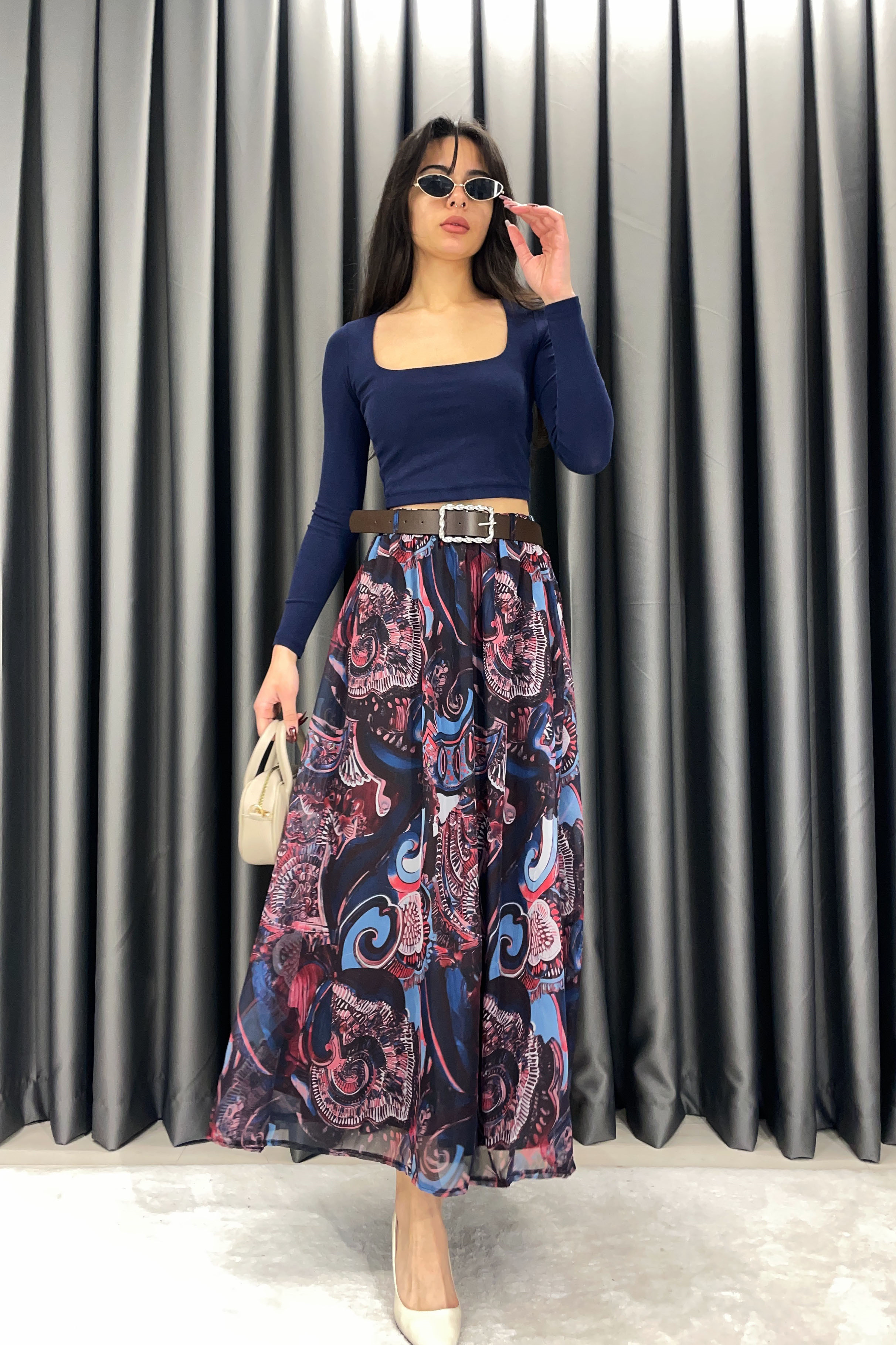 Mistix Şifon Beli Lastikli Etek-Lacivert LACİVERT