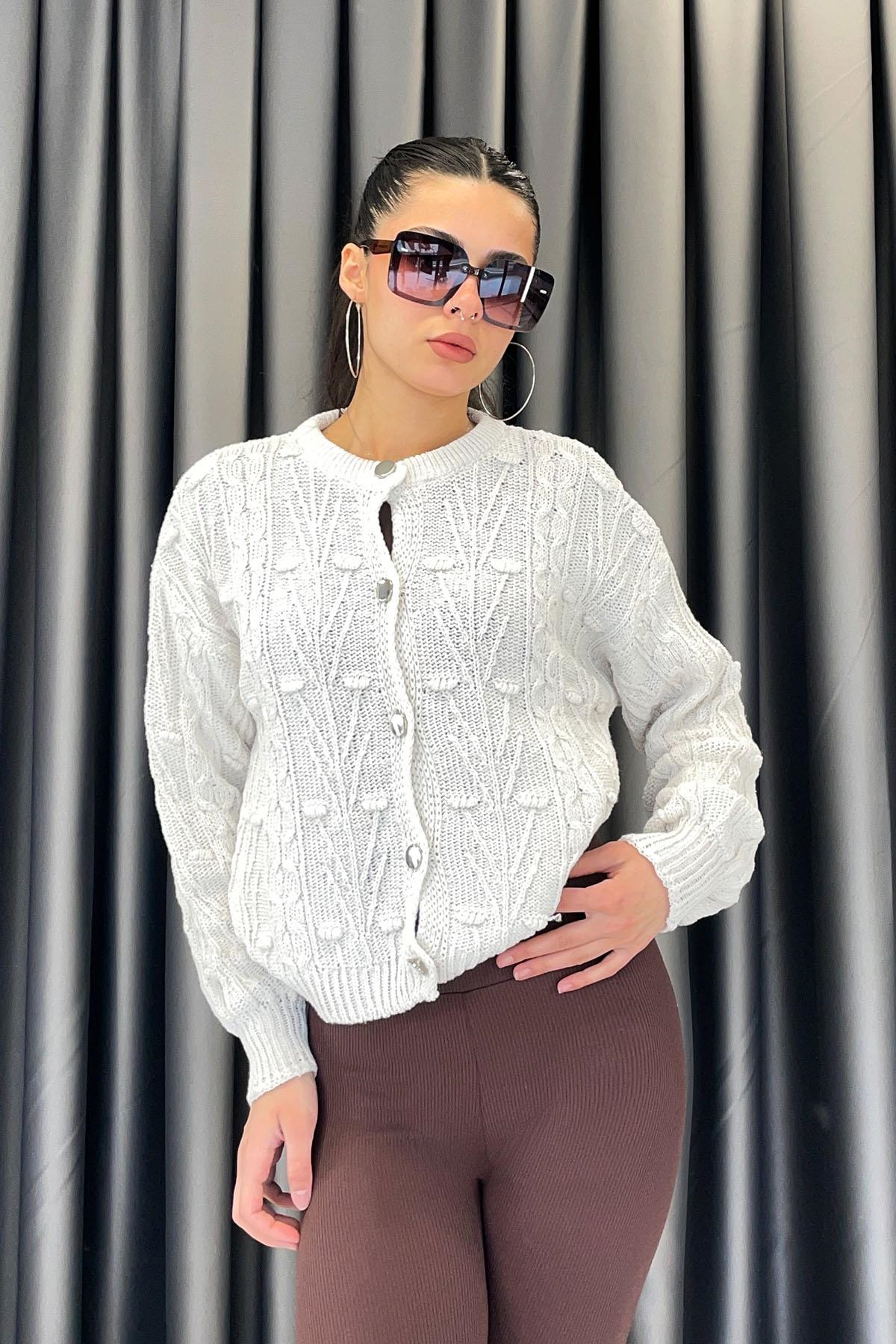 Noa Noa Düğmeli Ponpon Hırka - Taş TAŞ
