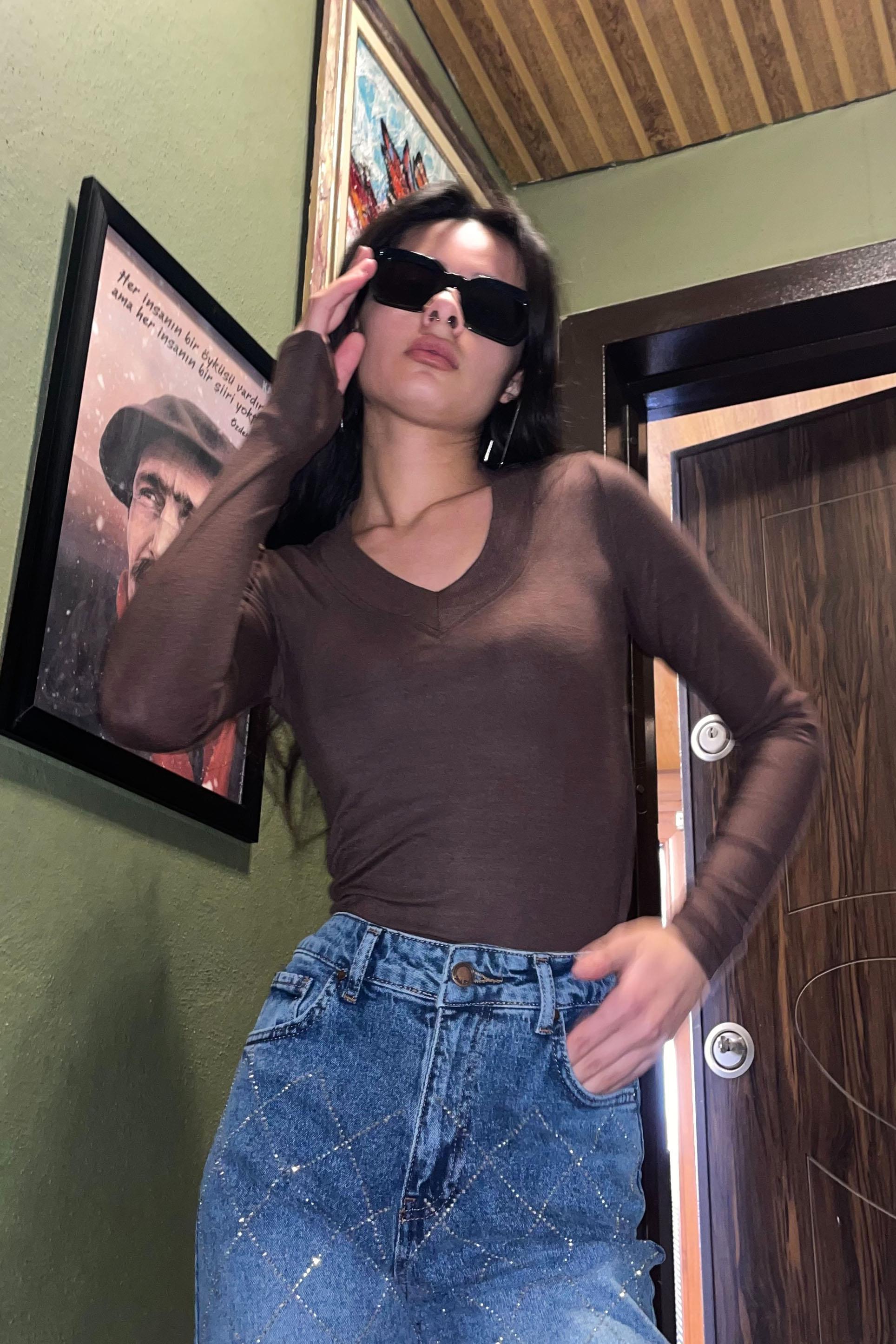 Noa Noa Oysho V Yaka Basic Crop - Kahve KAHVE