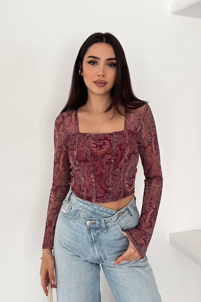Noa Noa Tül Kare Yaka Bluz-Bordo BORDO