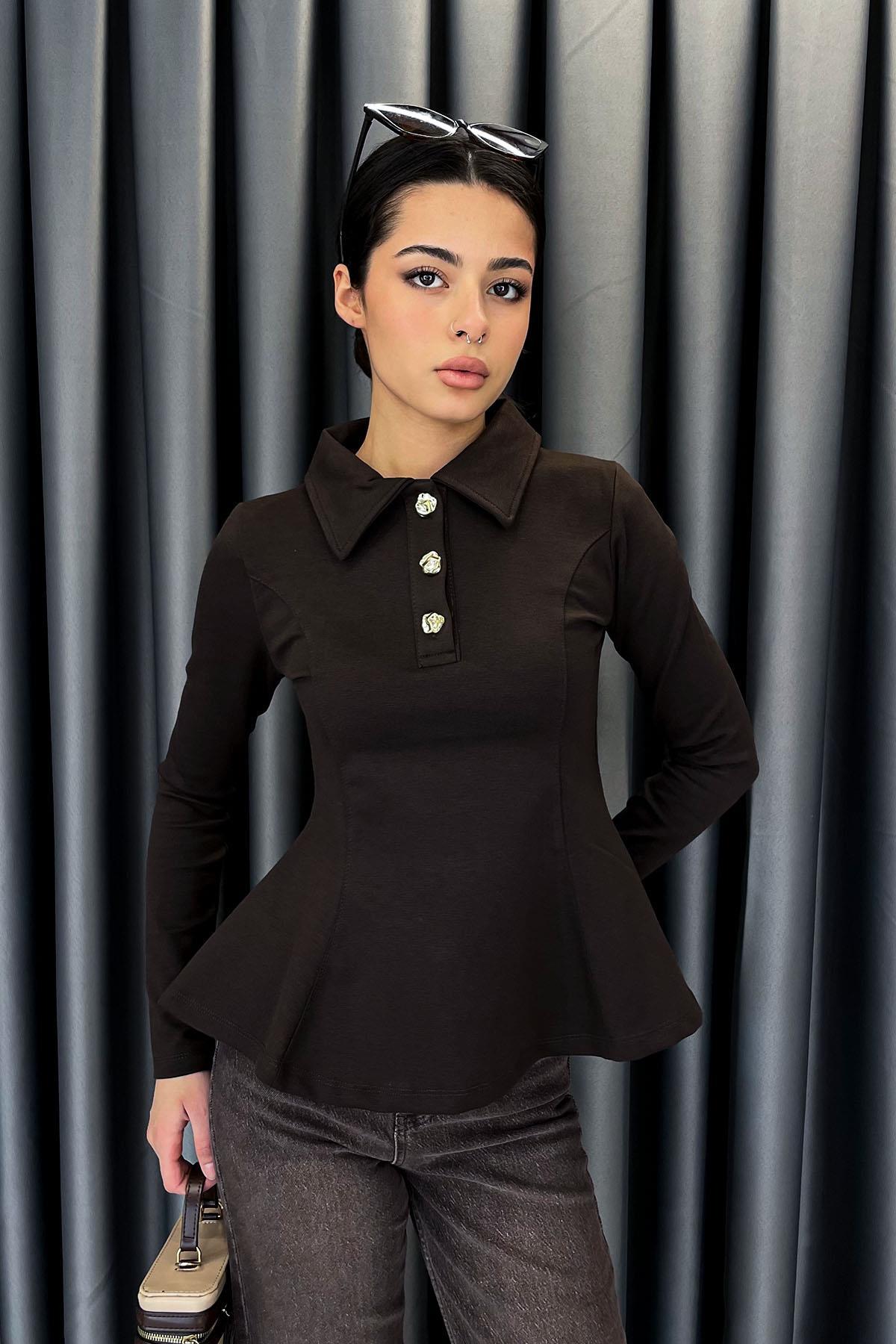 Noa Noa Yakalı Gold Düğme Volanlı Bluz - Kahve KAHVE