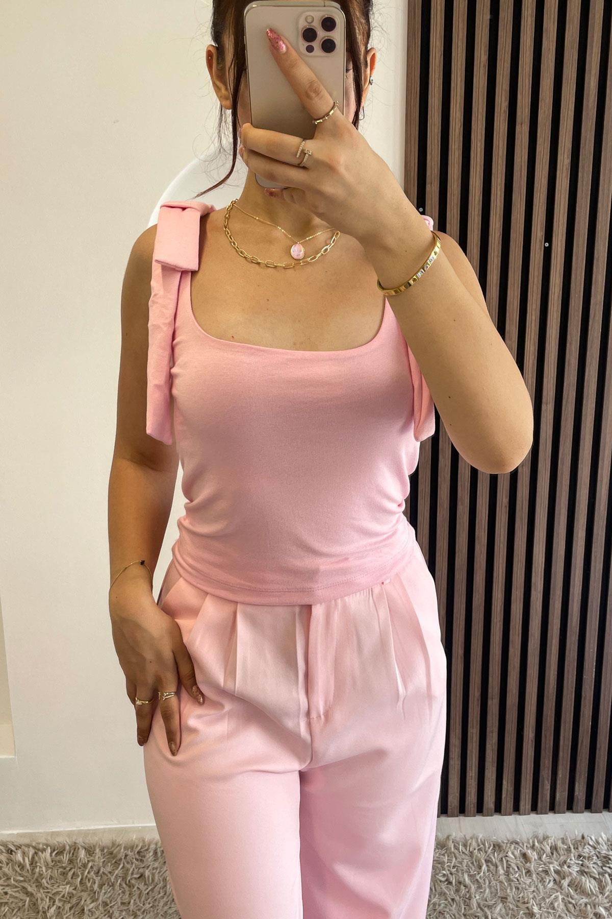 Omuz Fiyonk Detay Crop-Pembe PEMBE