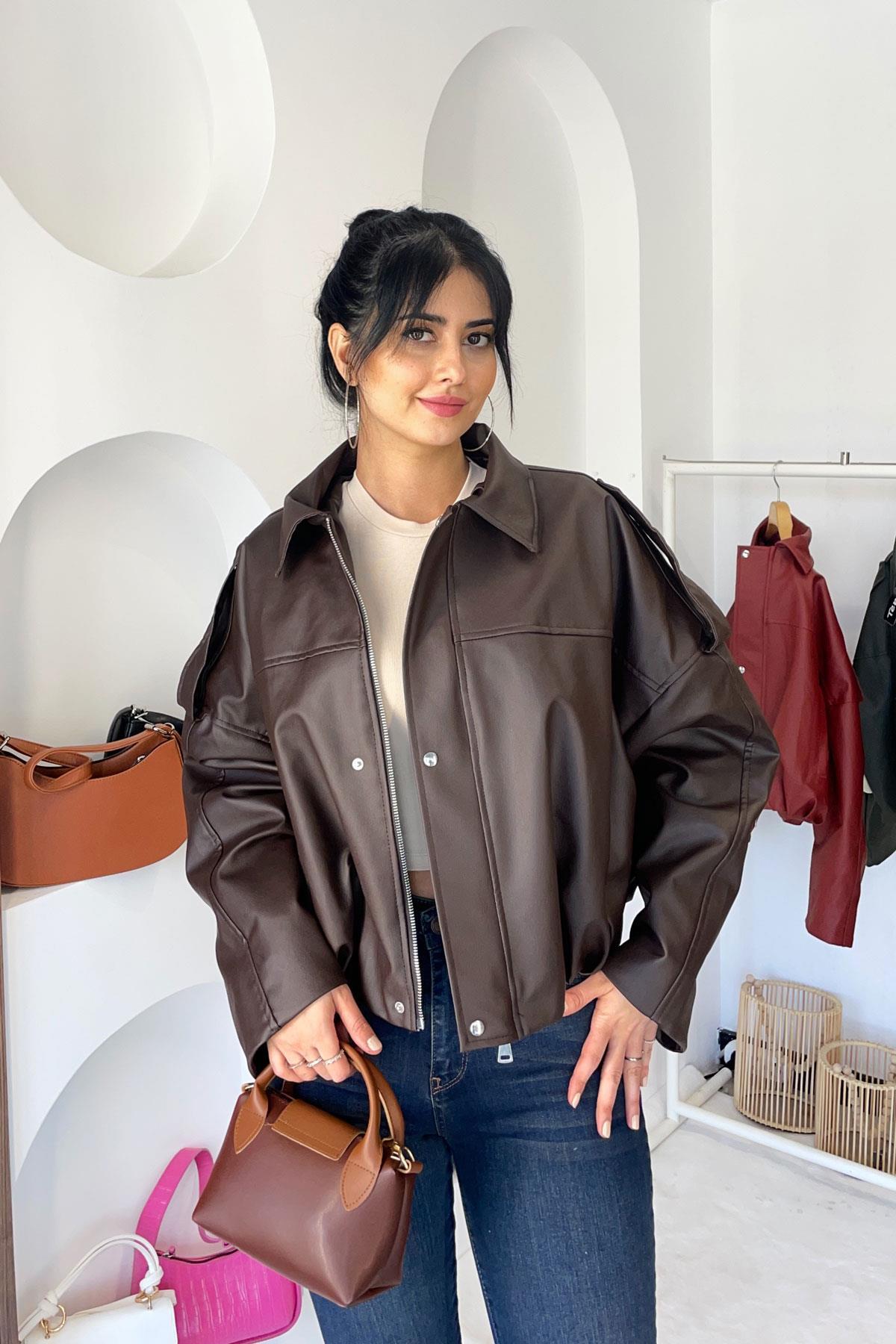 Omuz Manşet Oversize Deri Ceket - Acı Kahve Acı Kahve