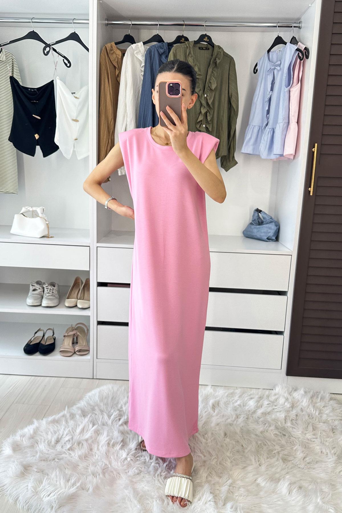 Omuz Vatkalı Modal Elbise - Pembe PEMBE