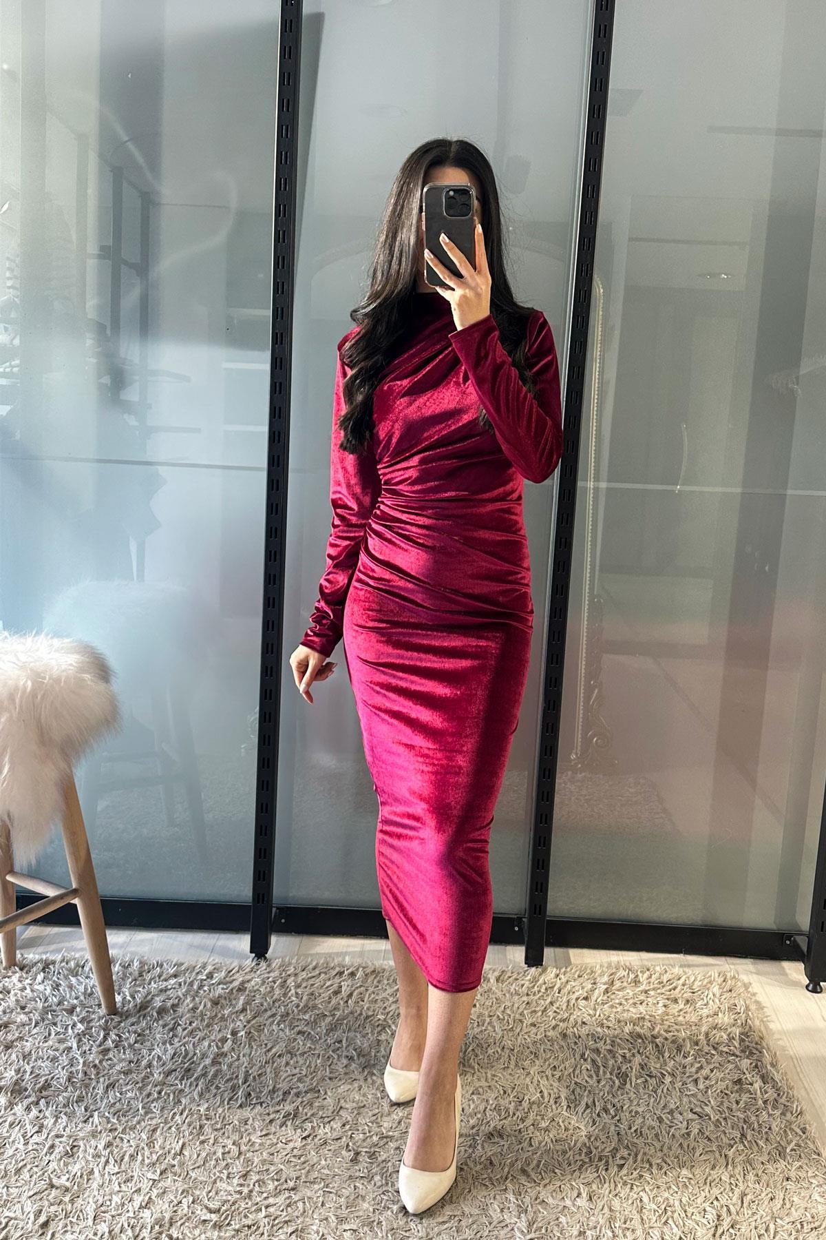 Omuz Ve Bel Büzgülü Kadife Elbise - Bordo BORDO