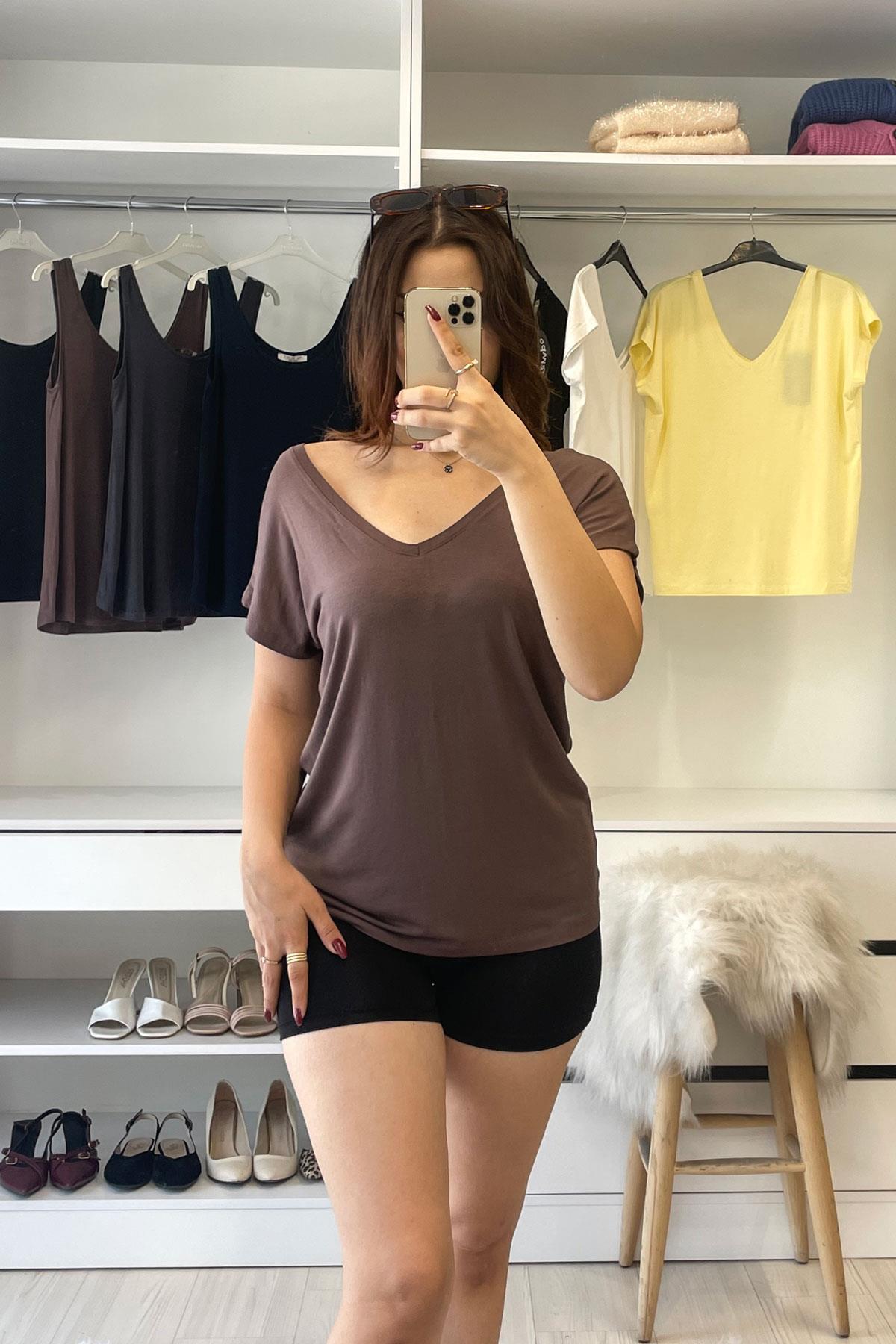 Ön Arka V Yaka Basic T-shirt-Kahve KAHVE