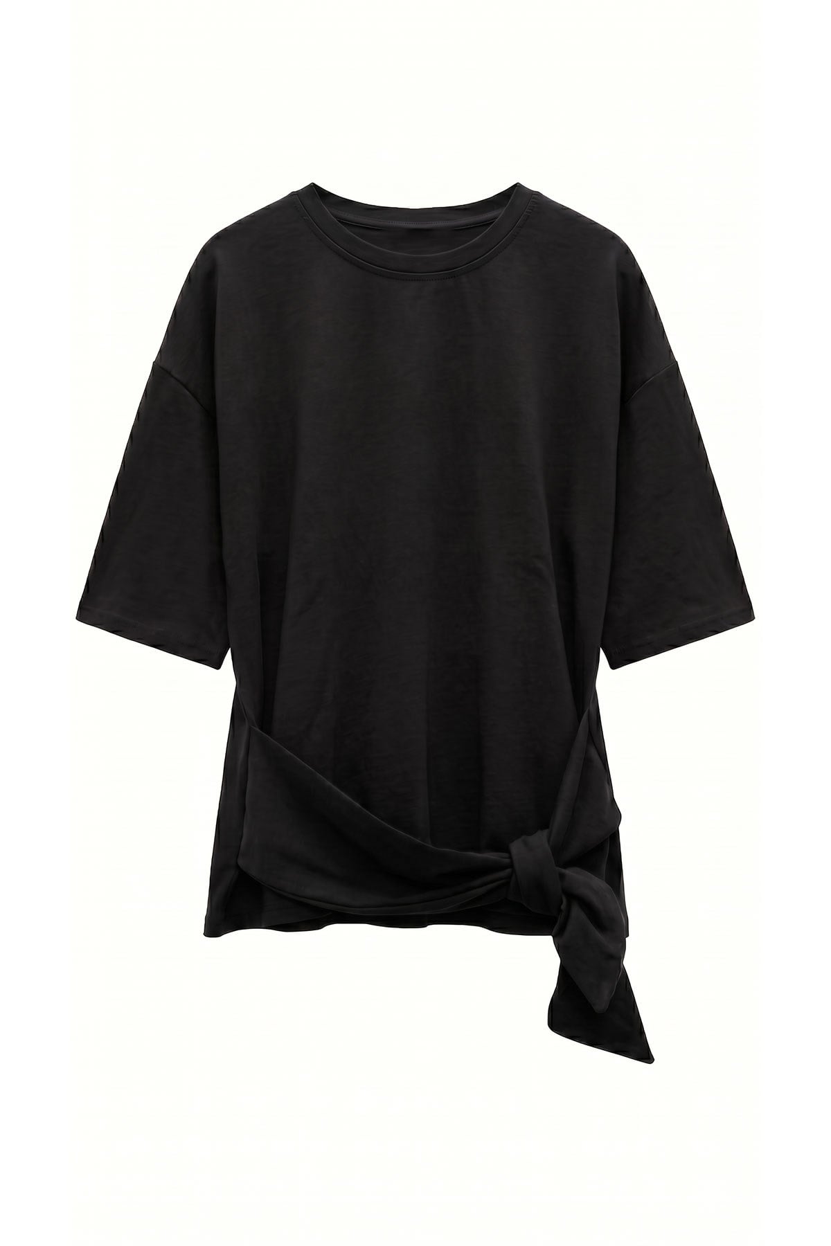 Ön Bağcık Detay Kısa Kol T-shirt Takım- Siyah SİYAH