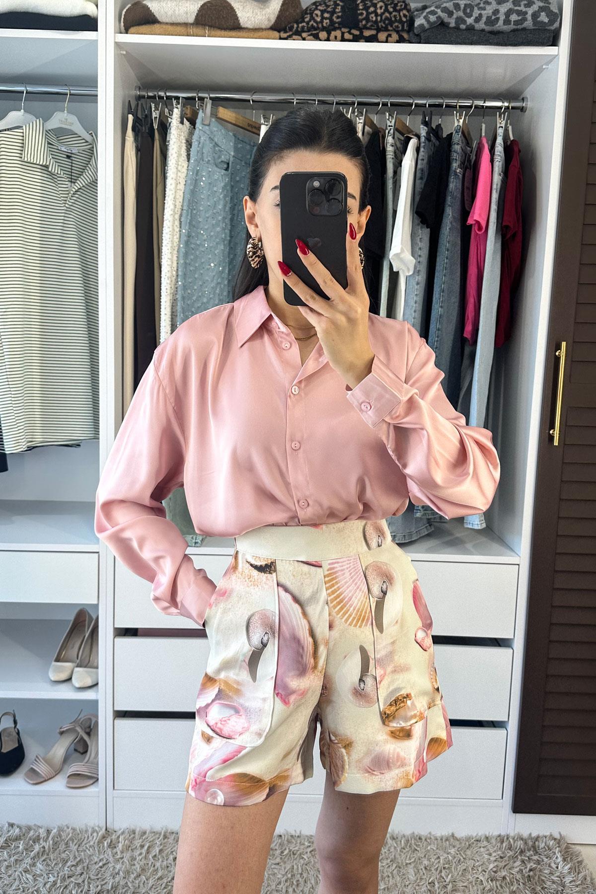 Orijinal Marka Saten Gömlek - Pembe PEMBE