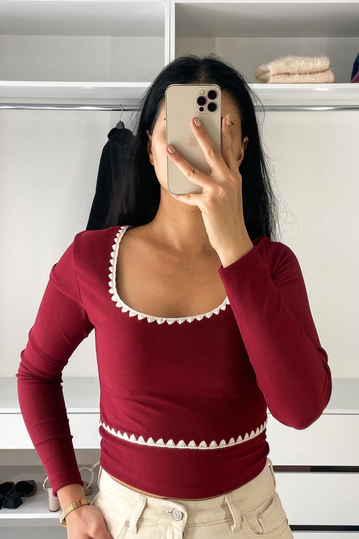 Oval Yaka Çoban Dikişli Ottoman Bluz - Bordo BORDO