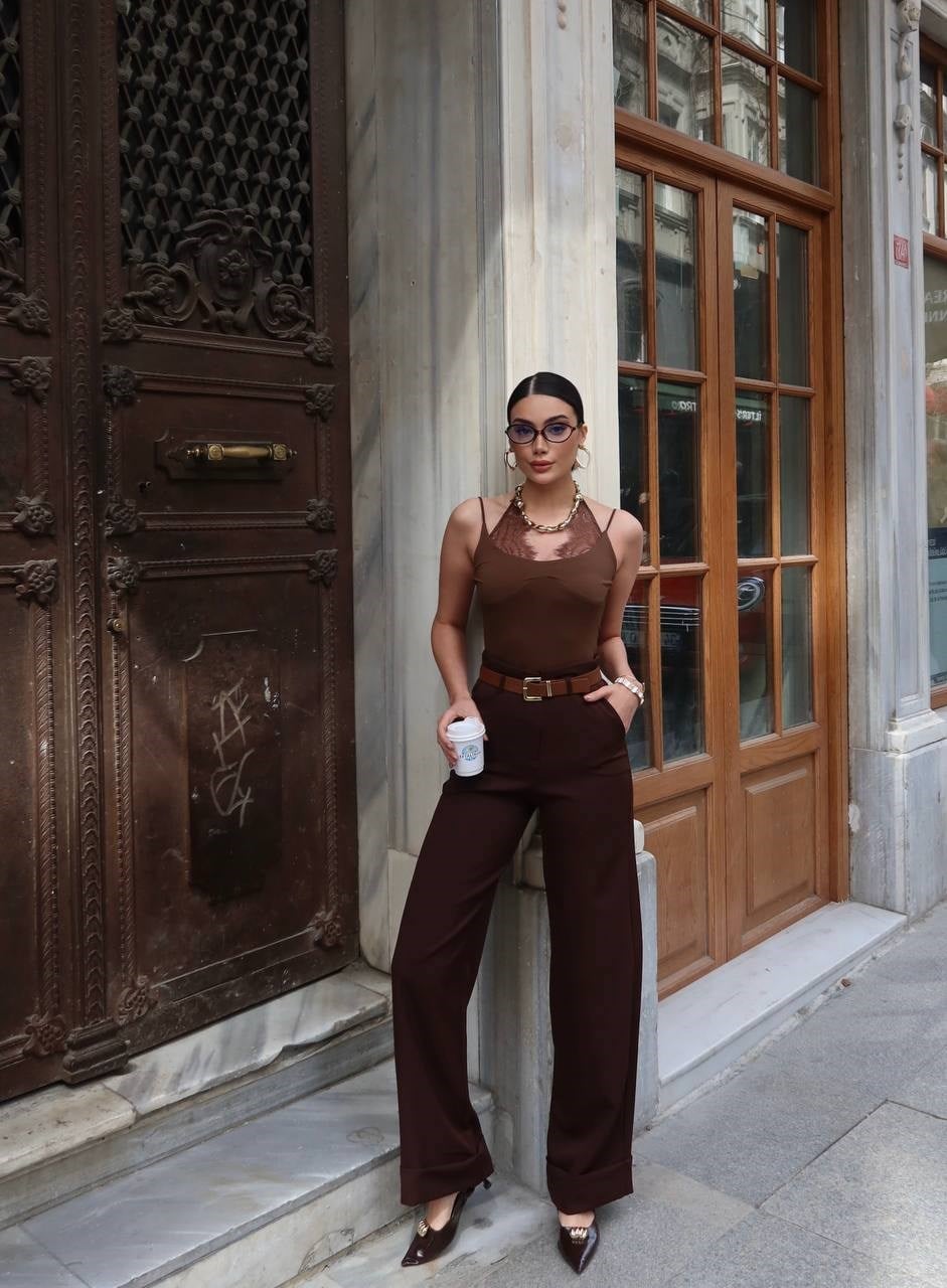Paça Katlı Kemerli Palazzo Kumaş Pantolon- Acı Kahve Acı Kahve