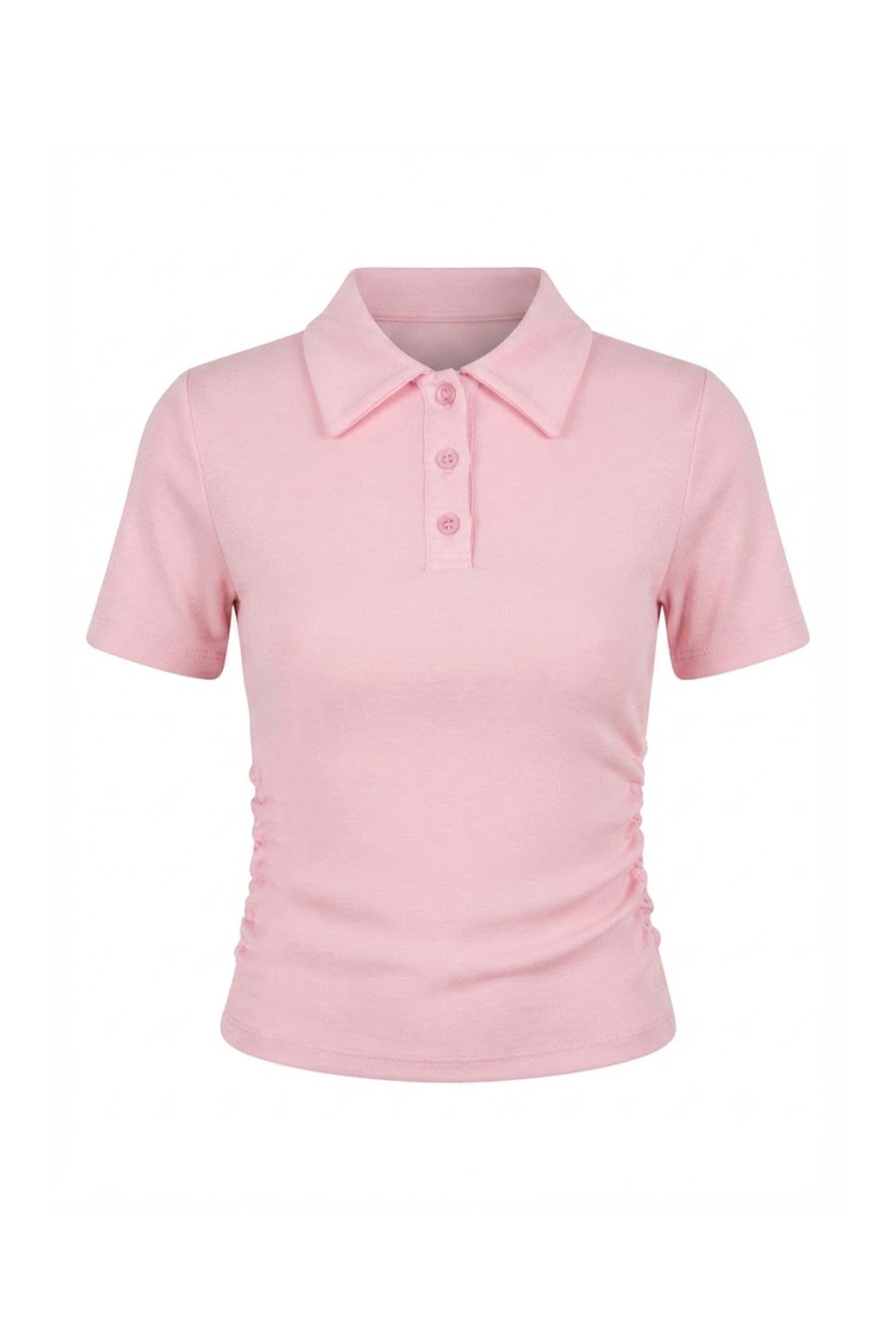 Polo Yaka Düğme Detay Bel Büzgülü Bluz PEMBE