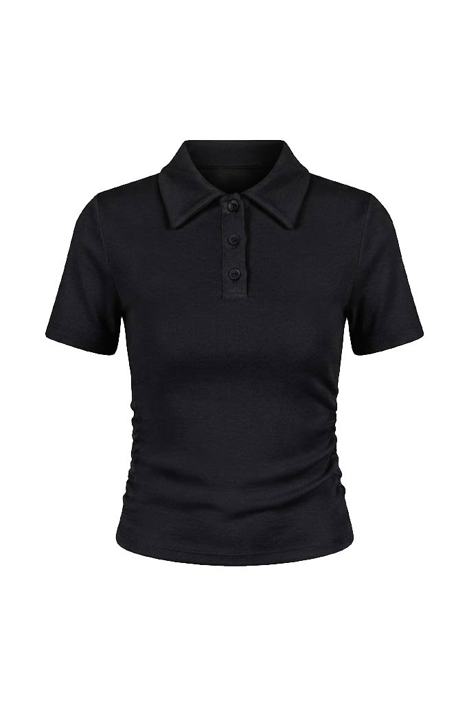 Polo Yaka Düğme Detay Bel Büzgülü Bluz SİYAH