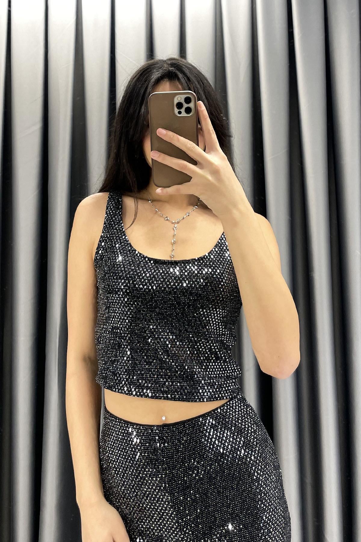 Pul Payetli Crop Büstiyer - Siyah SİYAH