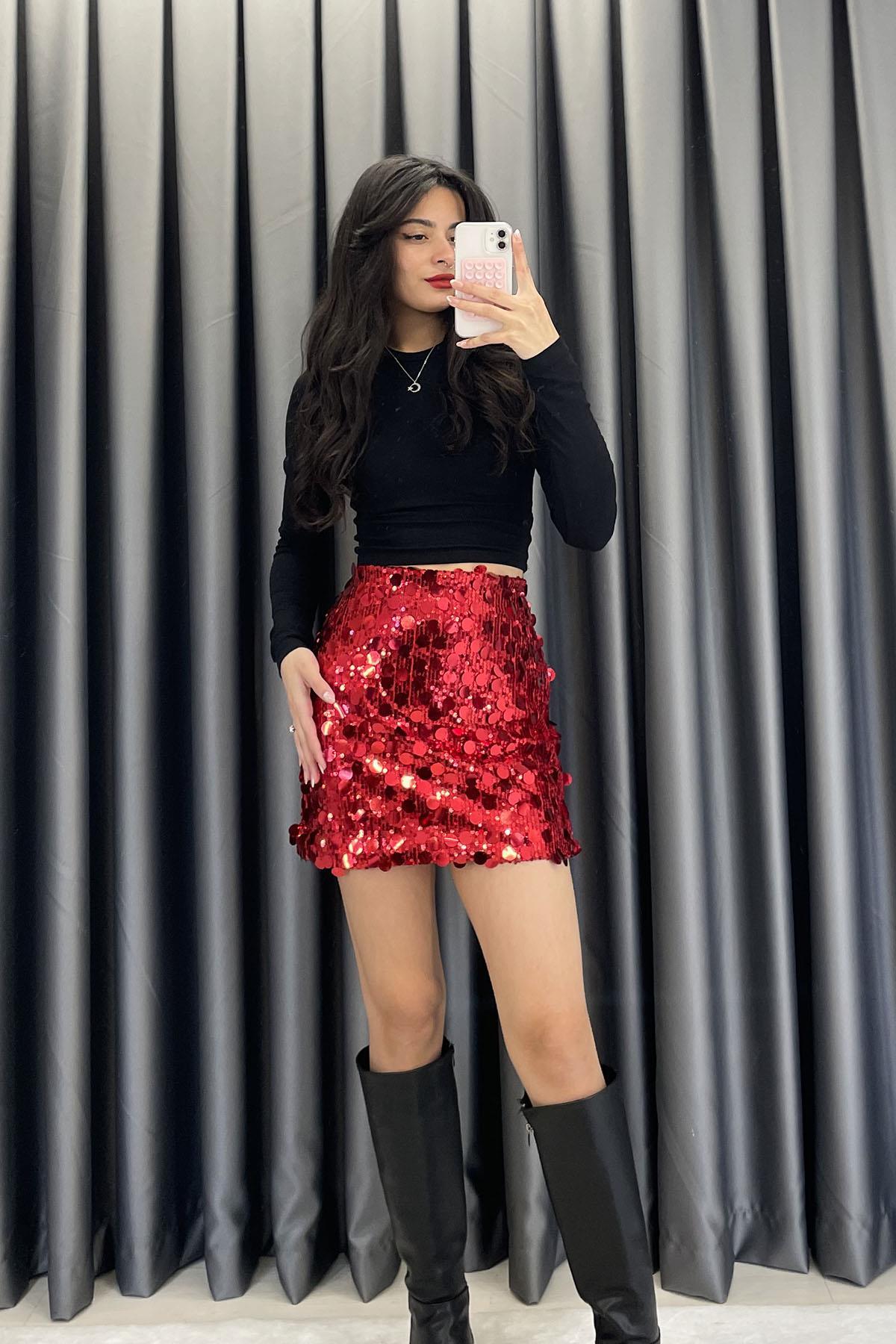 Pullu Analı Kızlı Mini Etek - Kırmızı KIRMIZI