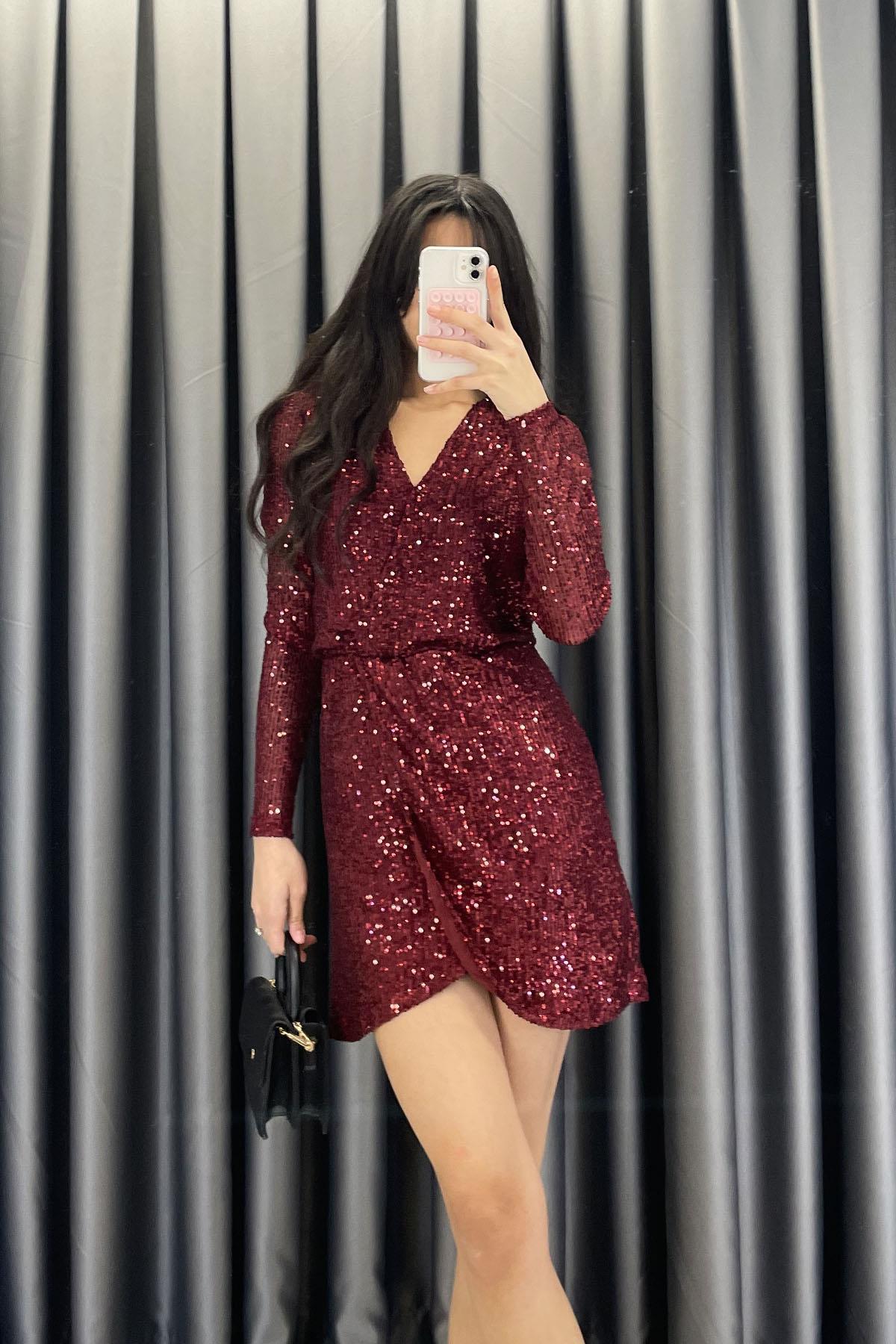 Pullu Bel Lastikli Kısa Elbise - Bordo BORDO