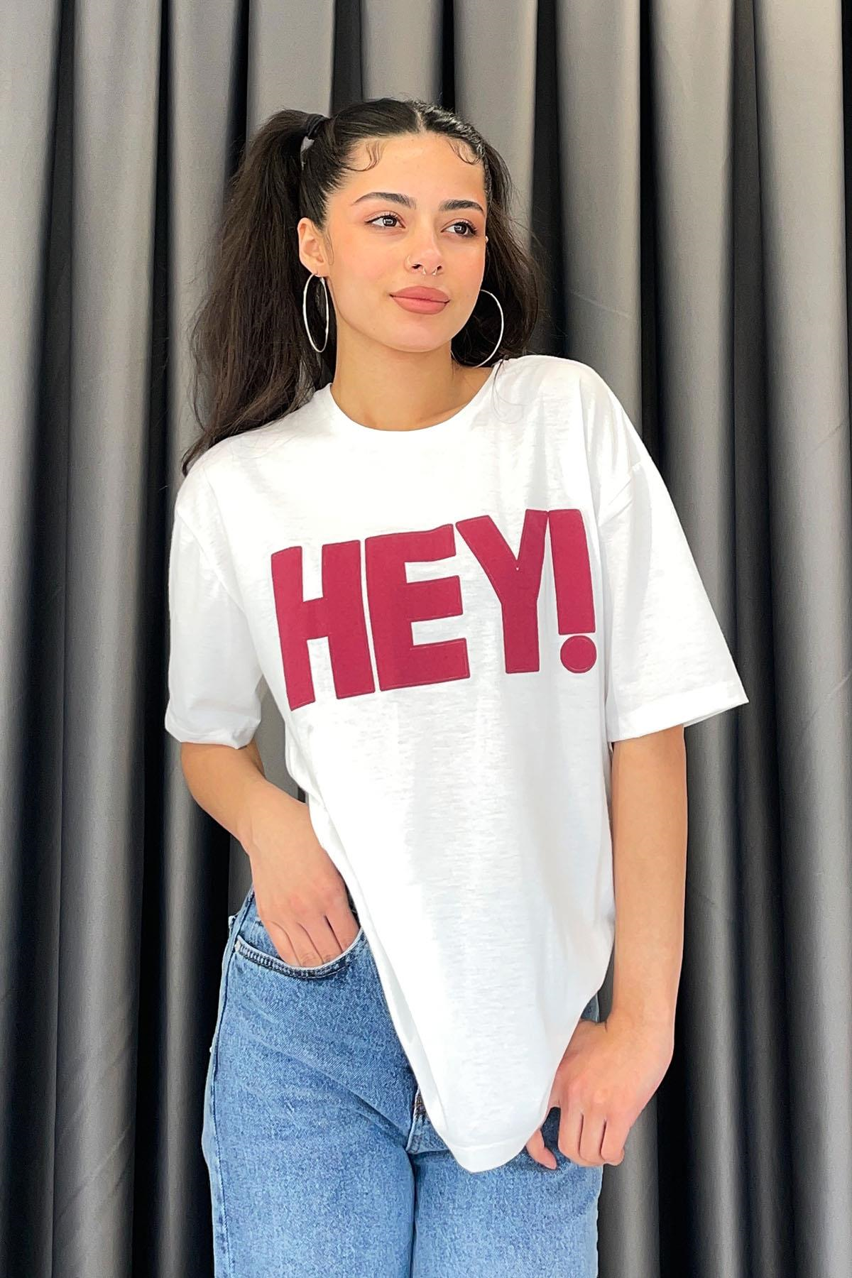 Renkli Hey Yazı Baskılı Tshirt - Bordo BORDO