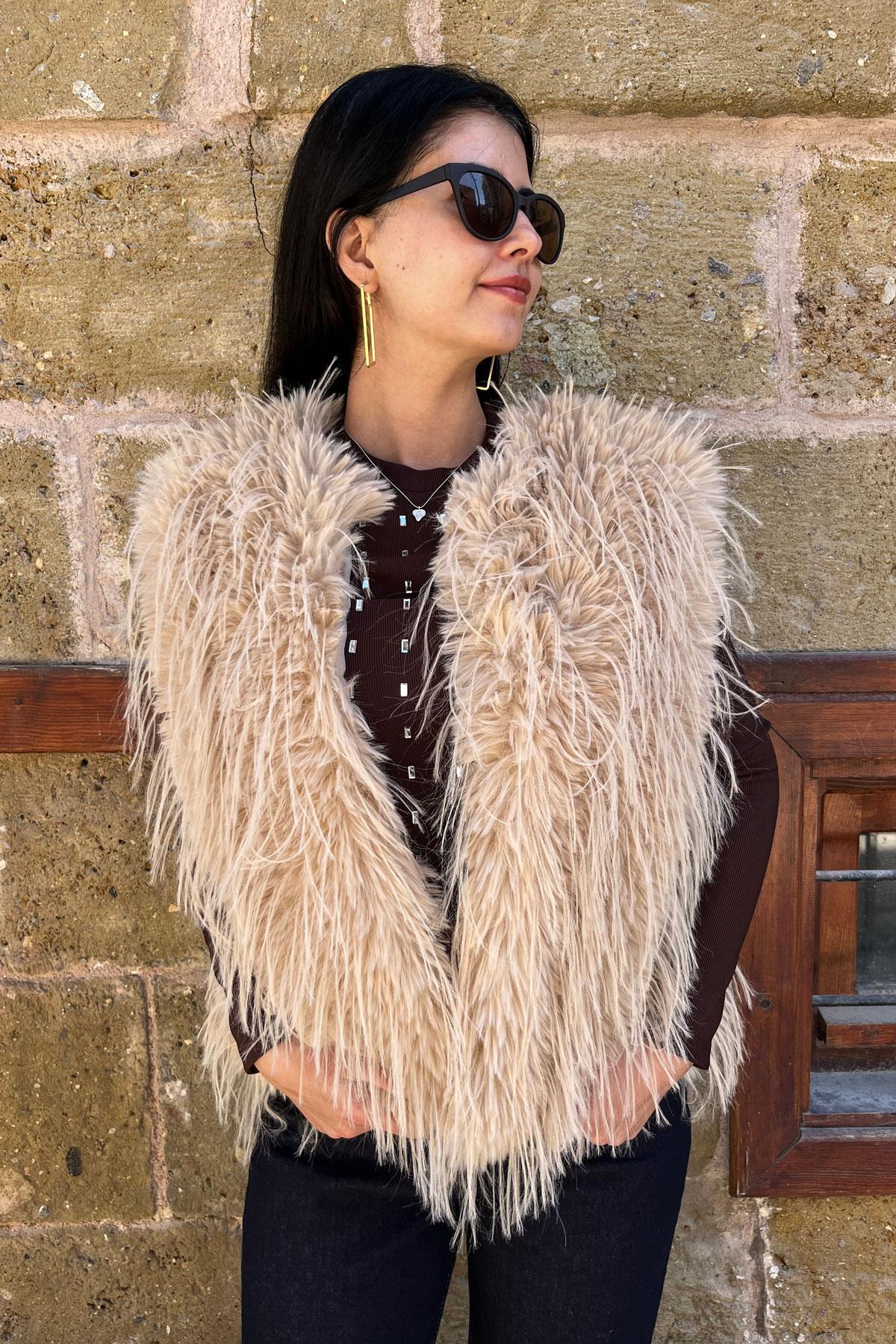 Saçaklı Kürk Yelek - Camel CAMEL