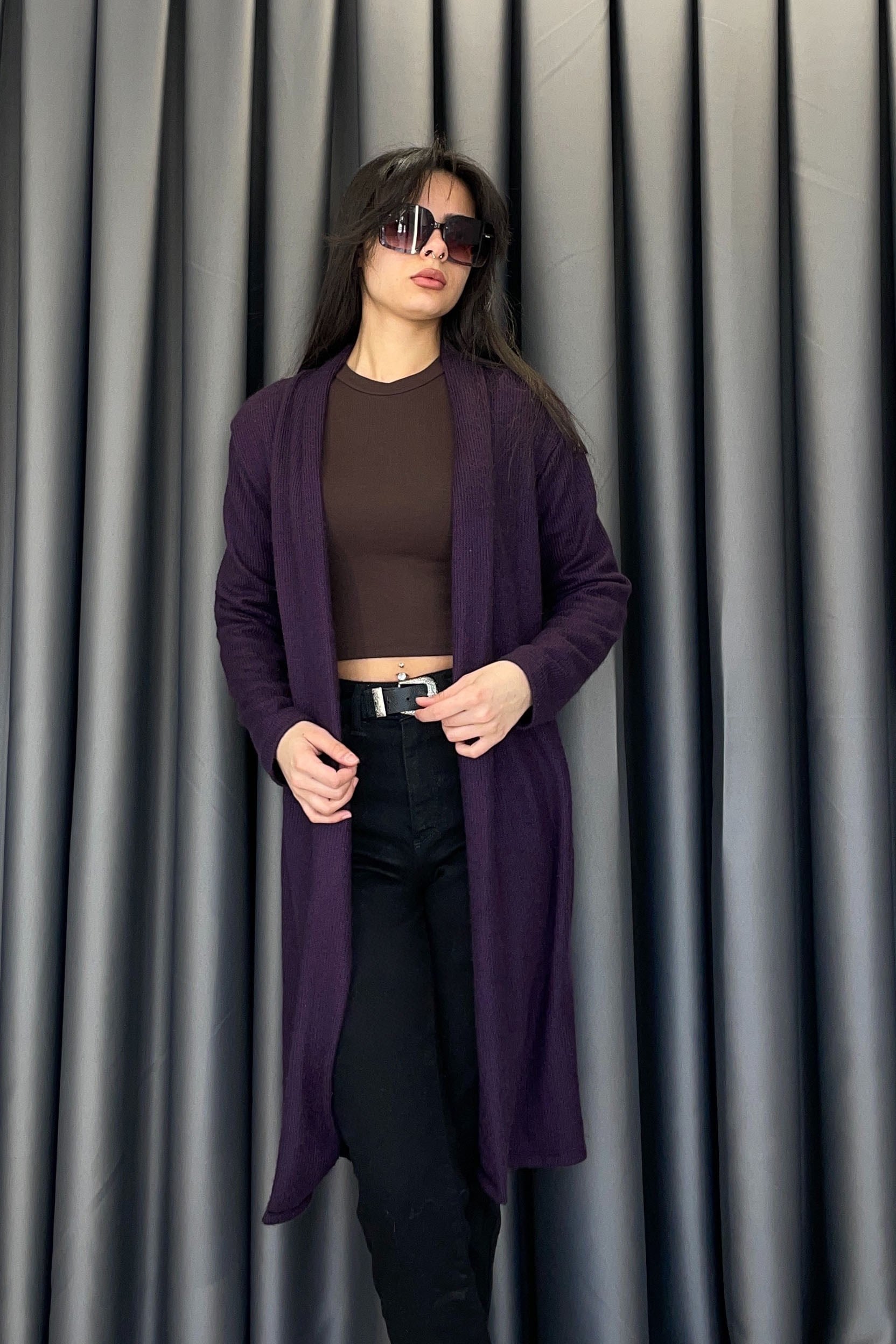 Şal Yaka Hırka - Mor MOR