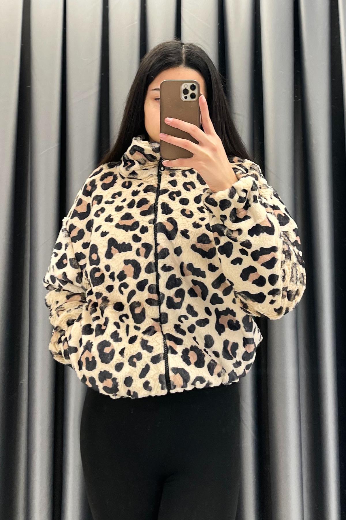 Şal Yaka İç Astarlı Leopar Peluş Mont - Leopar LEOPAR