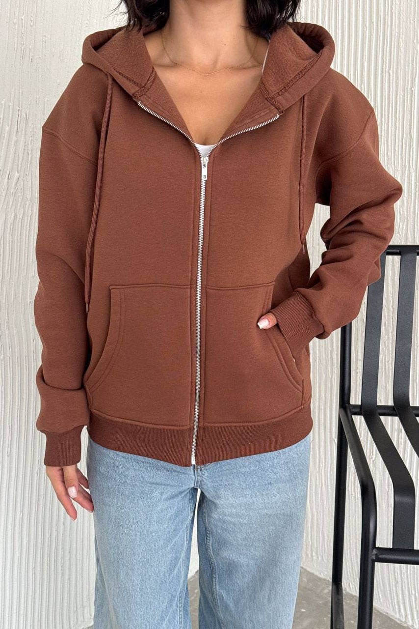 Silver Fermuar Detay Oversize Ceket-Kahve KAHVE