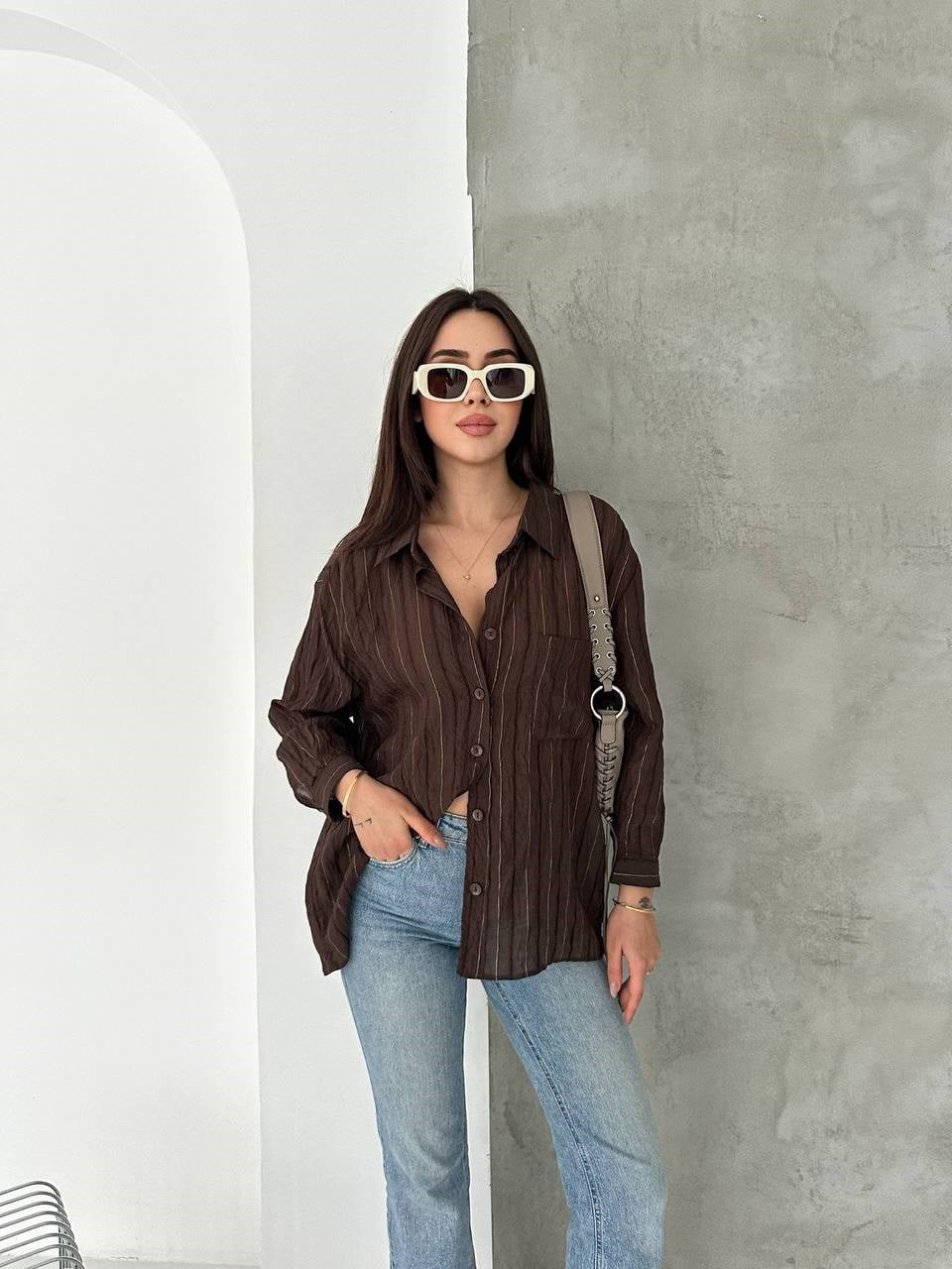 Sim Detaylı Kırışıklı Gömlek- Acı Kahve Acı Kahve