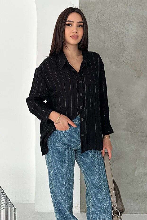 Sim Detaylı Kırışıklı Gömlek- Siyah SİYAH