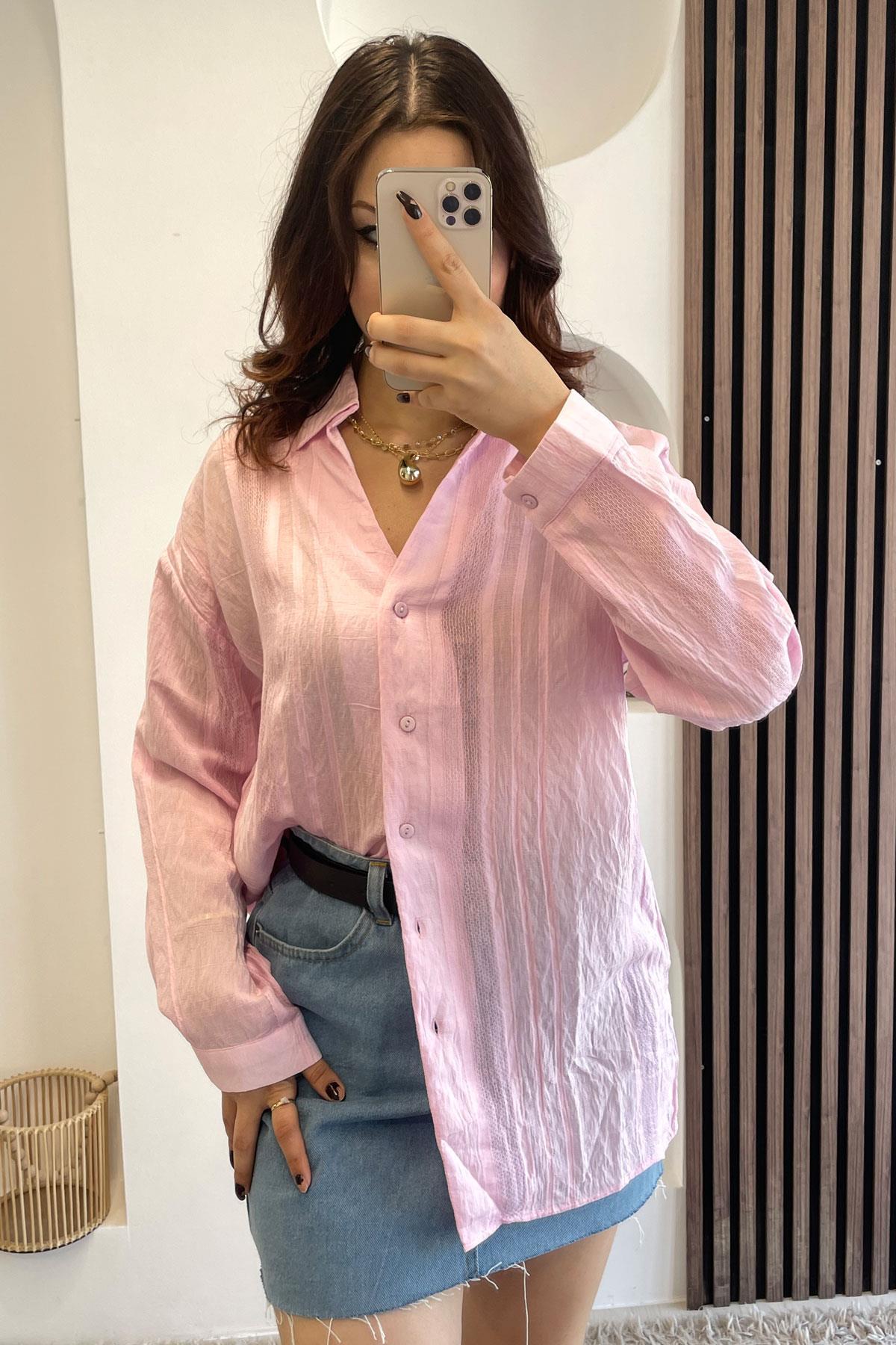Transparan Şerit Detay Gömlek - Pembe PEMBE