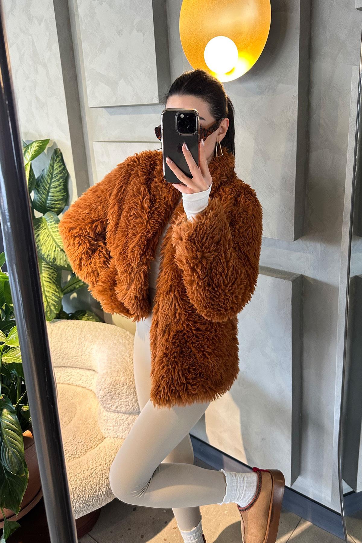 Tüylü Peluş Mont - Taba TABA