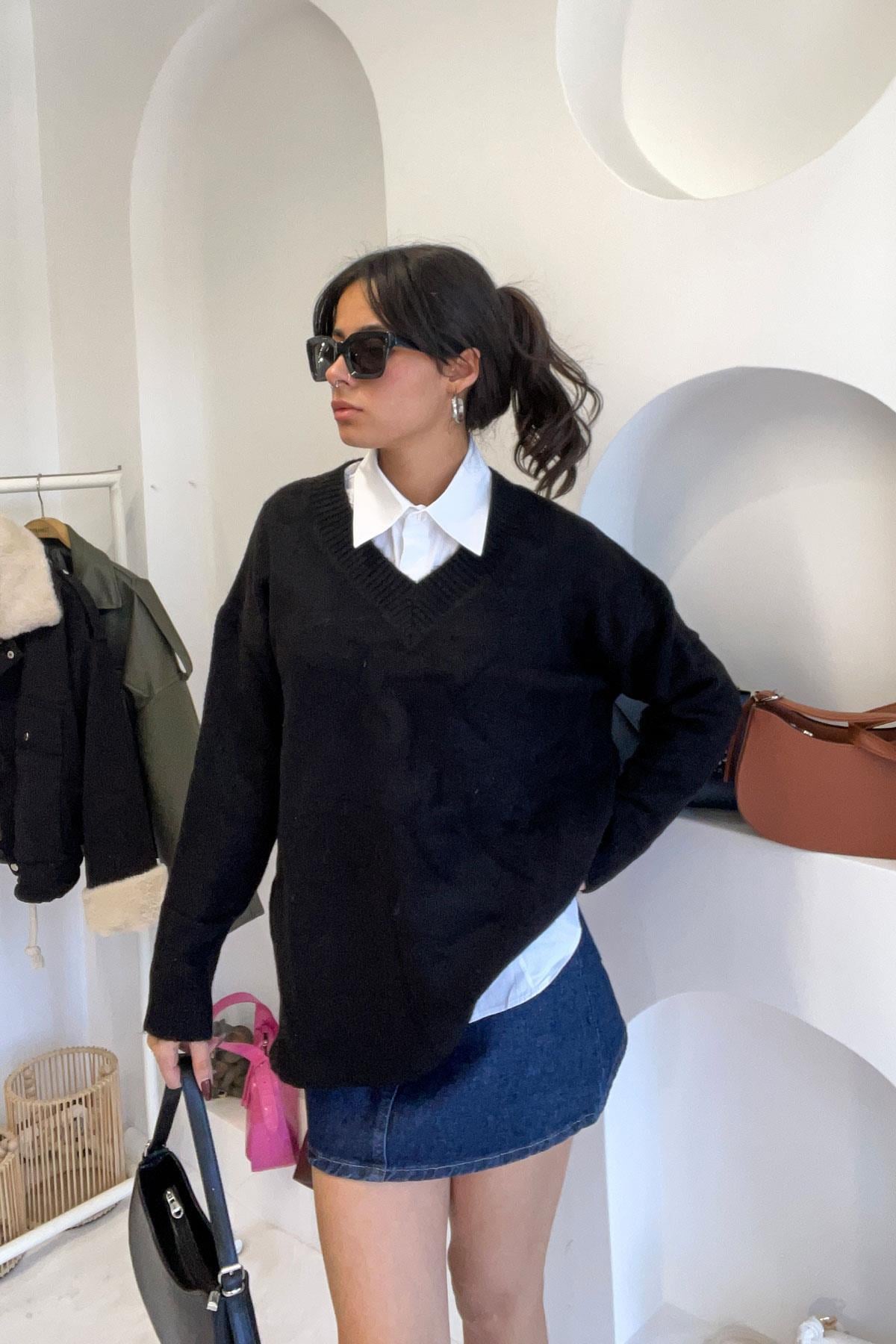 V Yaka Basic Kazak - Siyah SİYAH